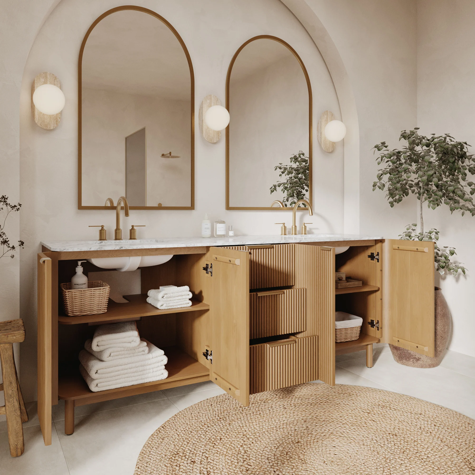 Havana 78" Reeded Double Bathroom Vanity | Carrara Marble Countertop - Image 3