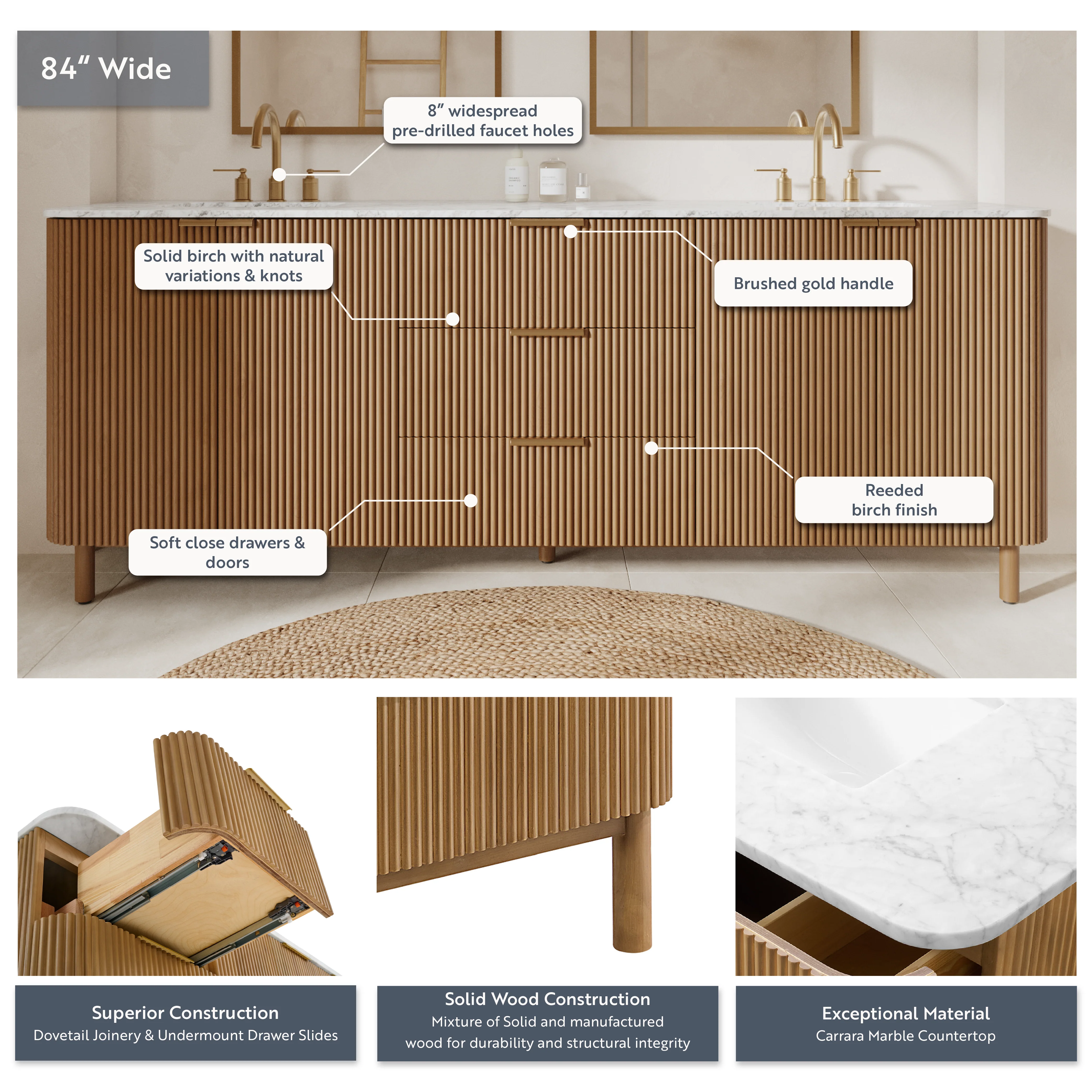 Havana 84" Double Bathroom Vanity in Reeded Birch | Carrara Marble Countertop - Image 4