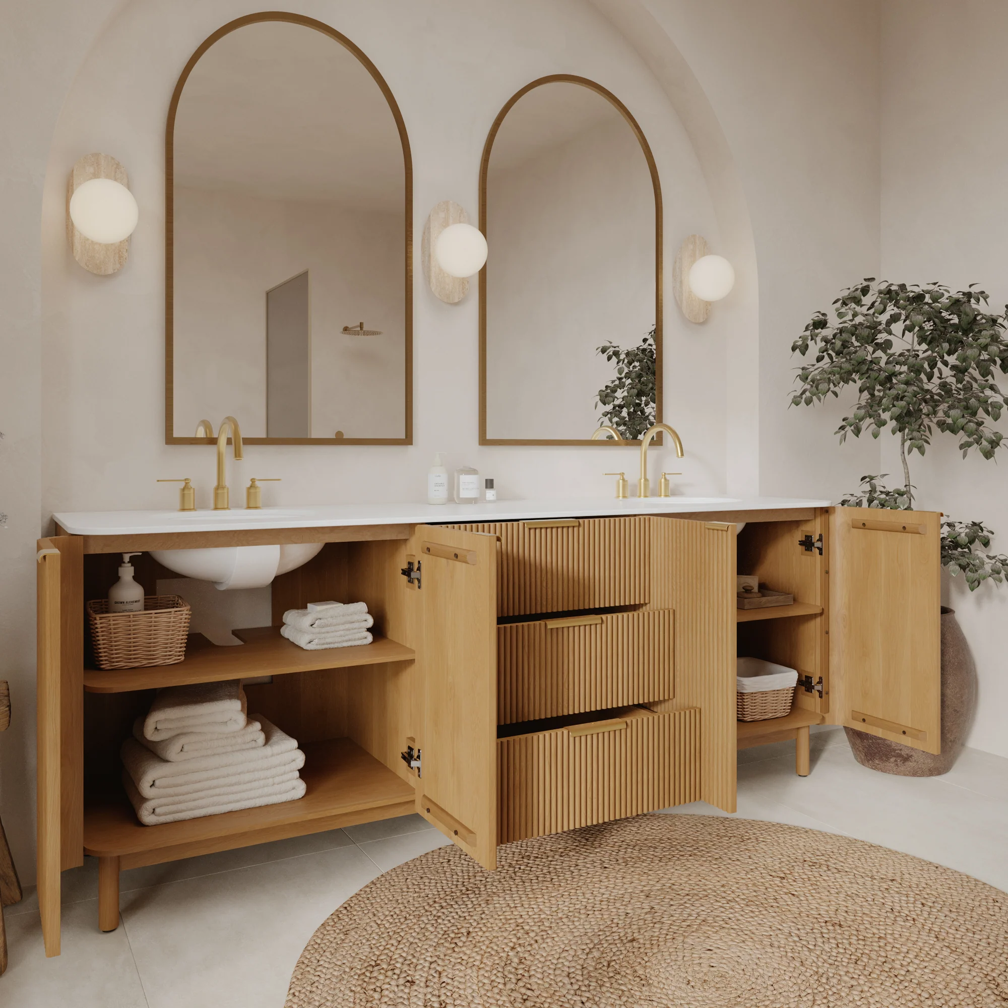 Havana 84" Double Bathroom Vanity in Reeded Birch  | White Quartz Countertop - Image 3