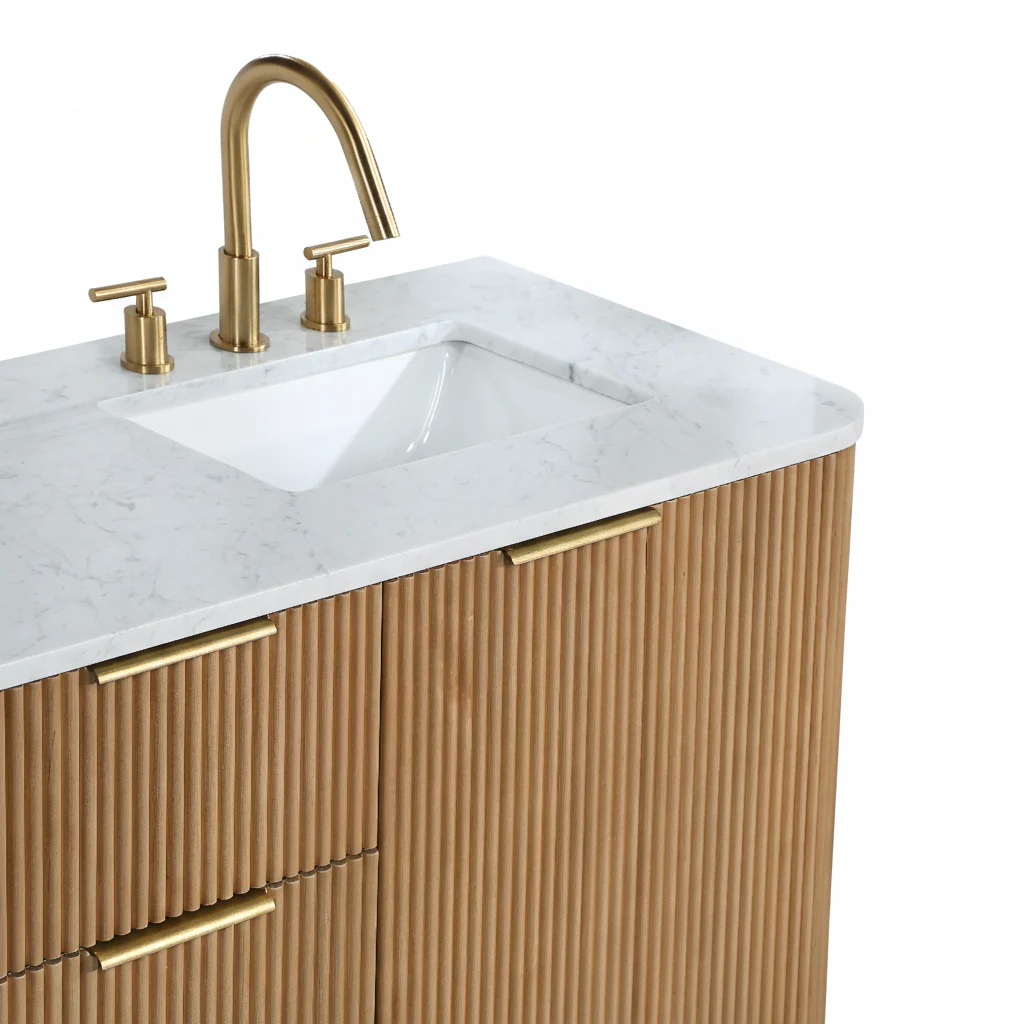 Havana 60" Double Bathroom Vanity in Reeded Birch | Carrara Marble Countertop - Image 12