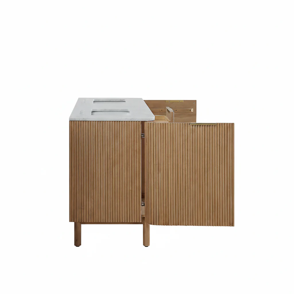 Havana 60" Double Bathroom Vanity in Reeded Birch | Carrara Marble Countertop - Image 14