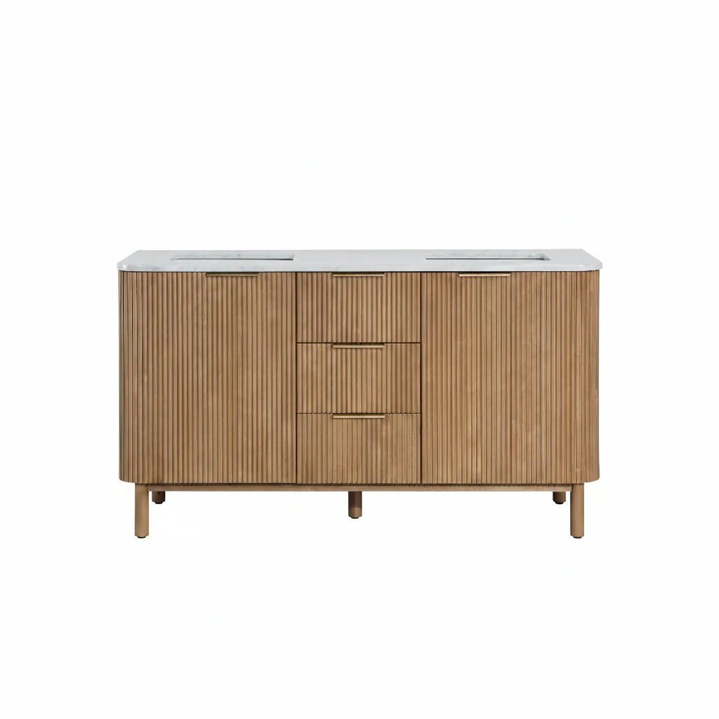 Havana 60" Double Bathroom Vanity in Reeded Birch | Carrara Marble Countertop - Image 16
