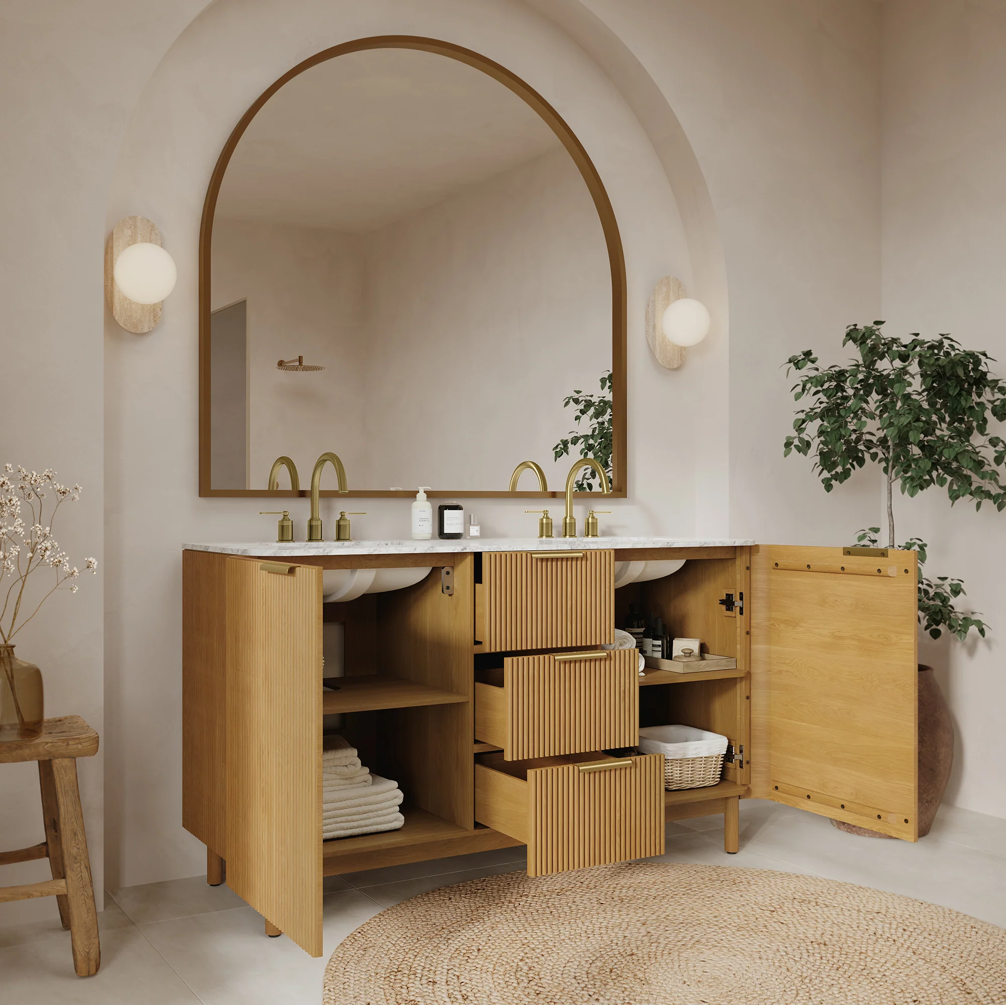 Havana 60" Double Bathroom Vanity in Reeded Birch | Carrara Marble Countertop - Image 3