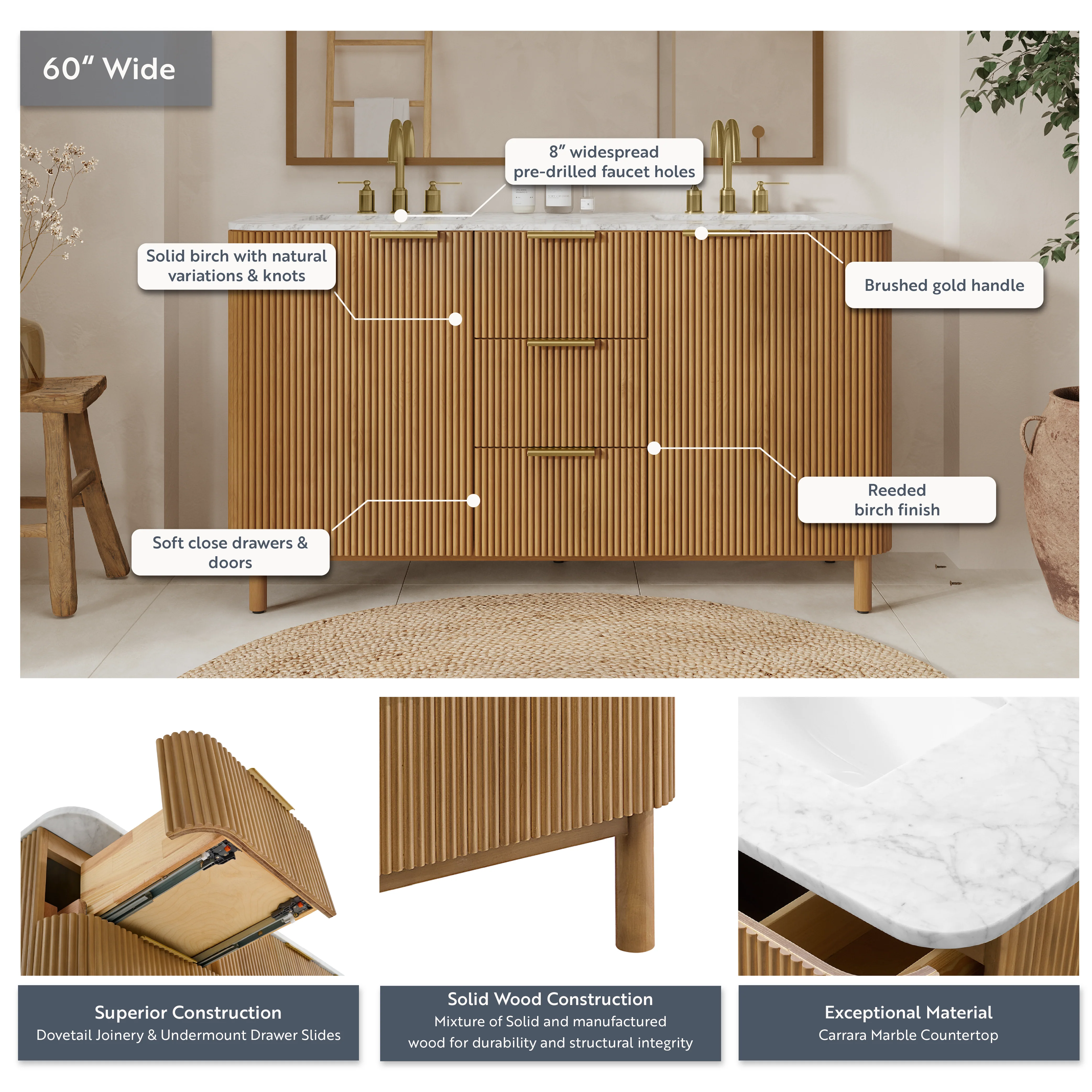 Havana 60" Double Bathroom Vanity in Reeded Birch | Carrara Marble Countertop - Image 4