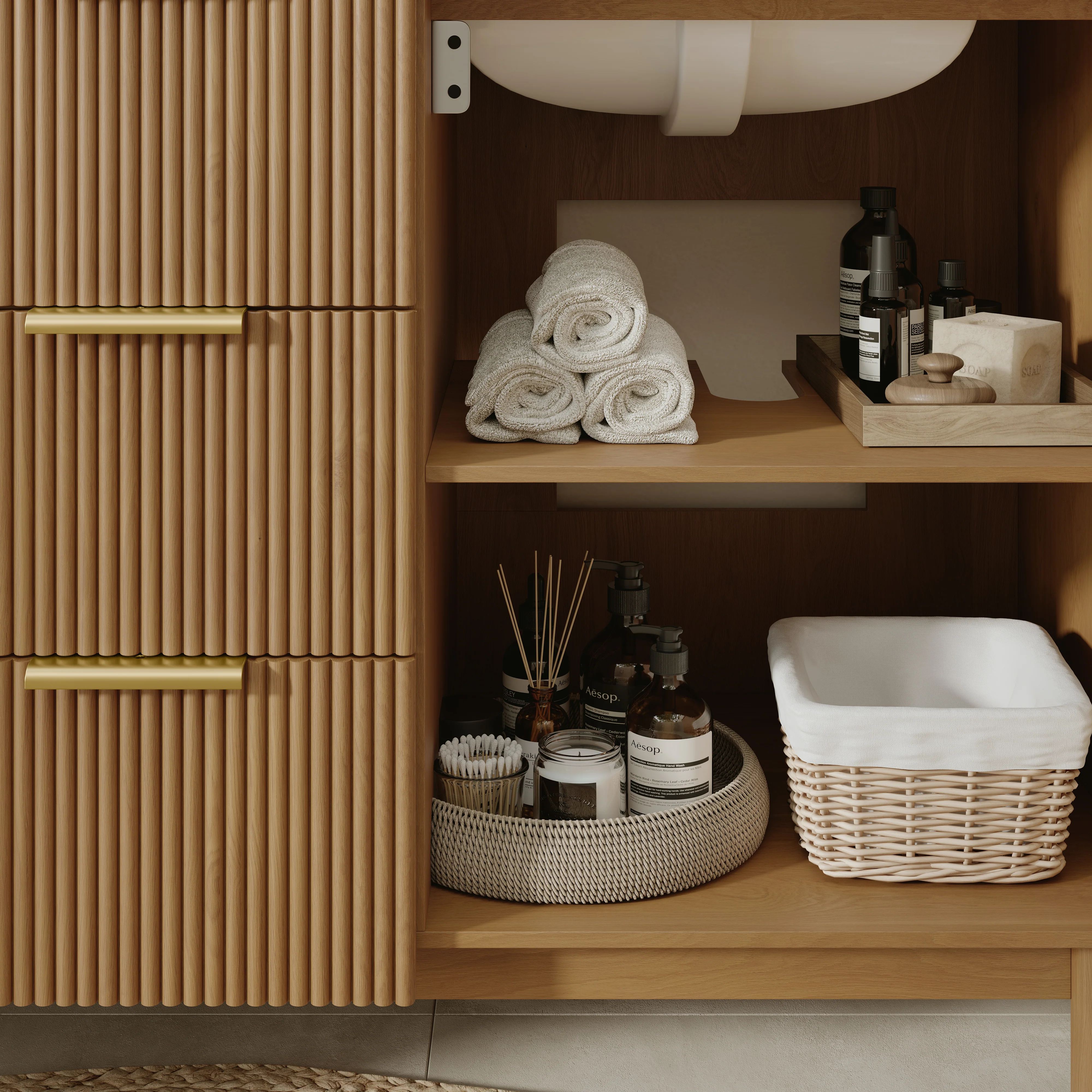 Havana 60" Double Bathroom Vanity in Reeded Birch | Carrara Marble Countertop - Image 5