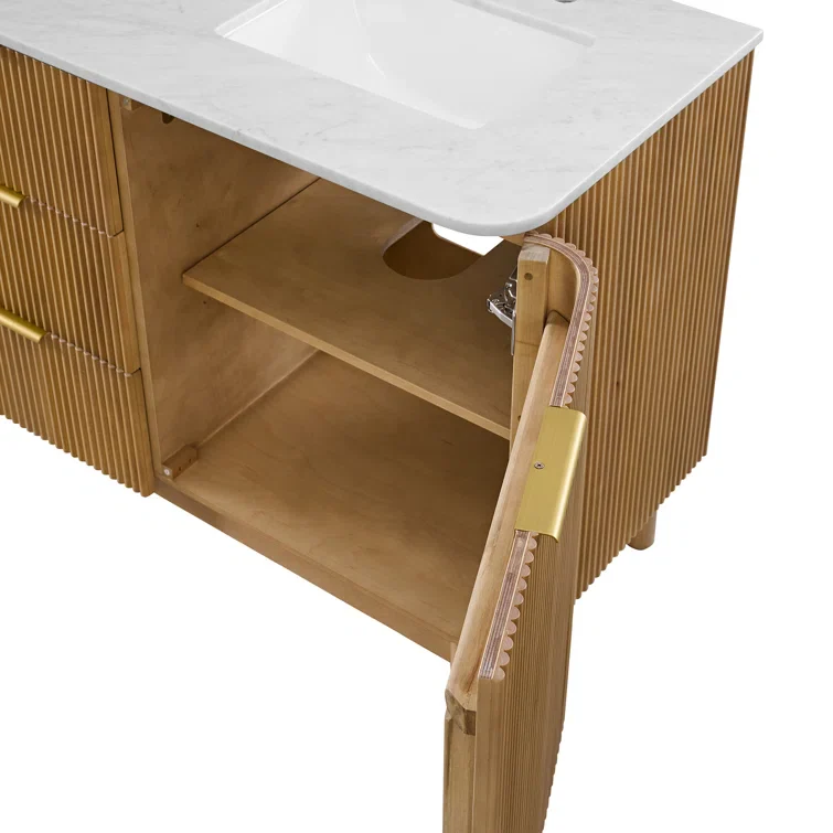 Havana 60" Double Bathroom Vanity in Reeded Birch | Carrara Marble Countertop - Image 6