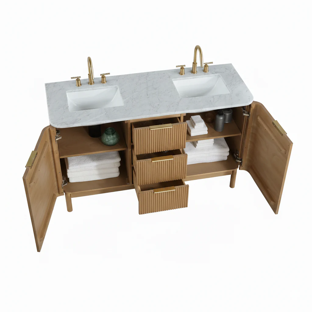 Havana 60" Double Bathroom Vanity in Reeded Birch | Carrara Marble Countertop - Image 7