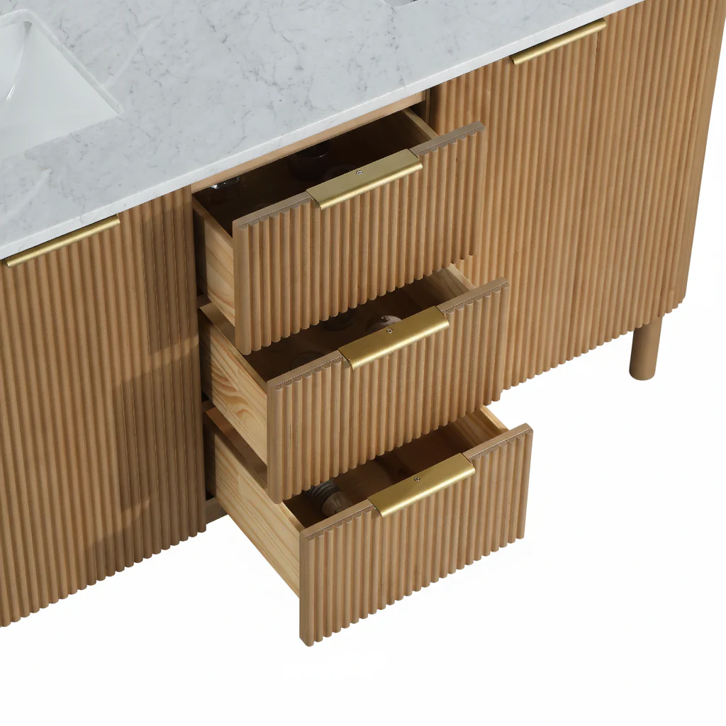 Havana 60" Double Bathroom Vanity in Reeded Birch | Carrara Marble Countertop - Image 9