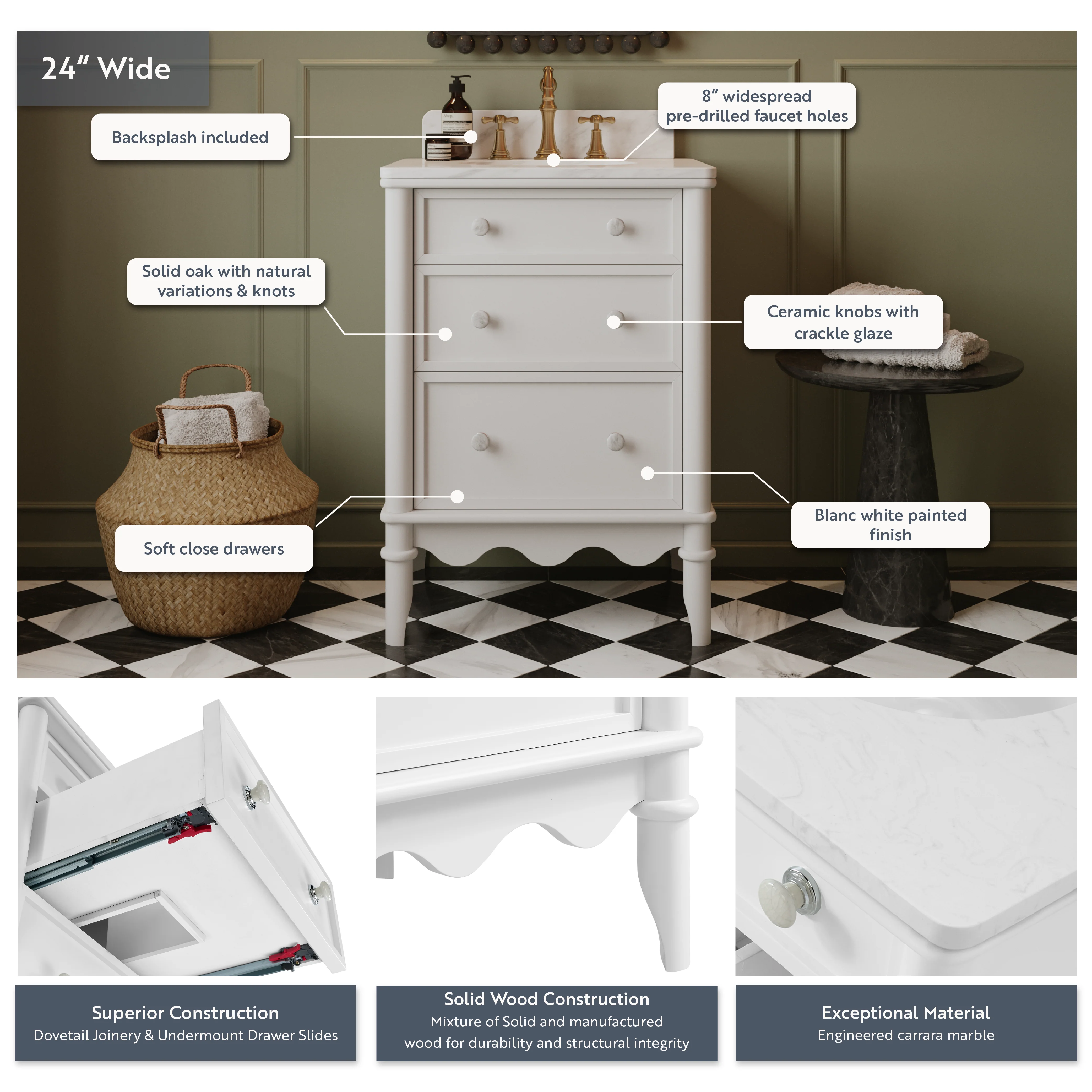 Juliette 24" Scallop Single Bathroom Vanity | Blanc White | Cultured Marble Countertop - Image 3