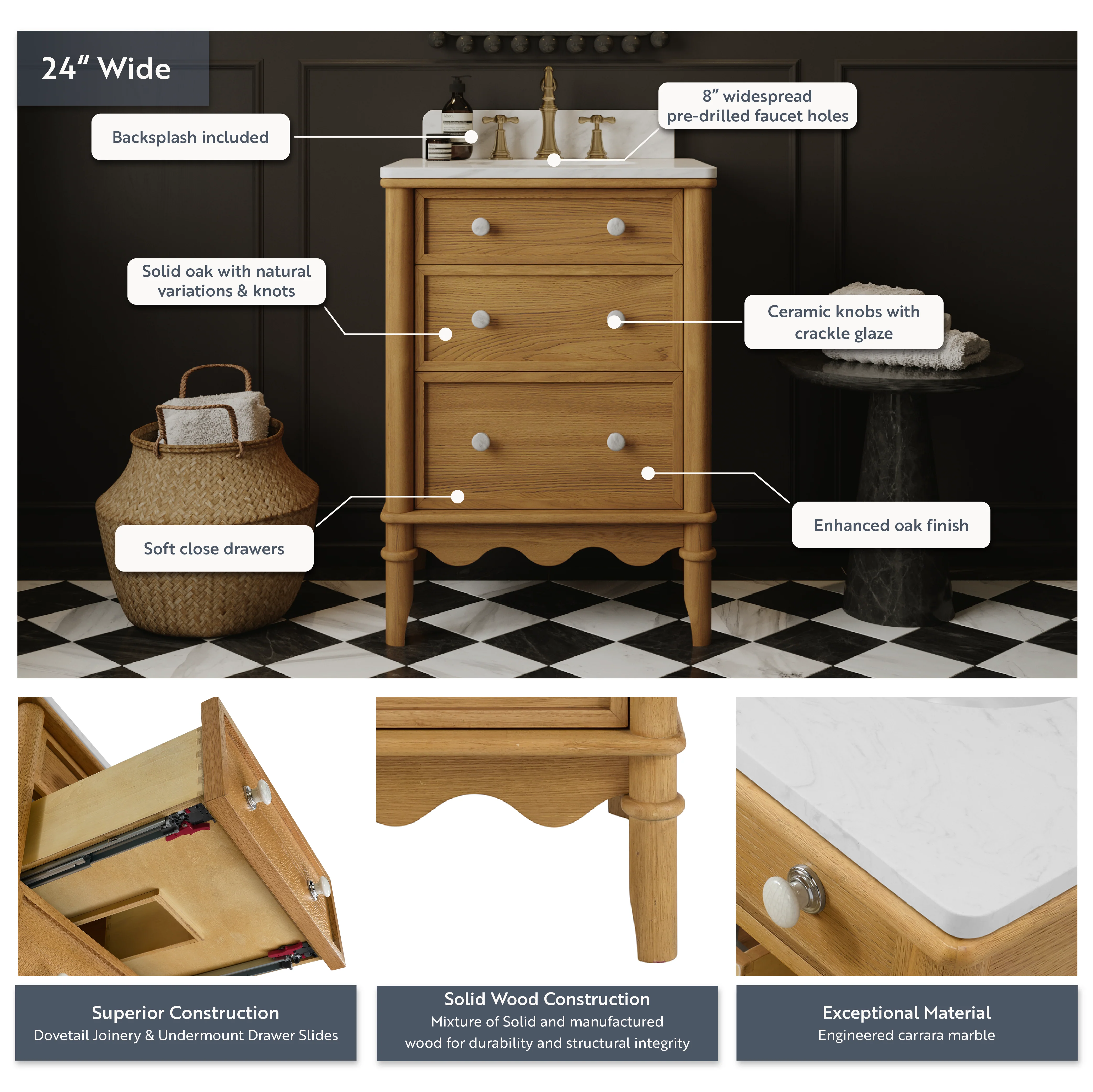 Juliette 24" Scallop Single Bathroom Vanity | Enhanced Natural Oak | Cultured Marble Countertop - Image 4