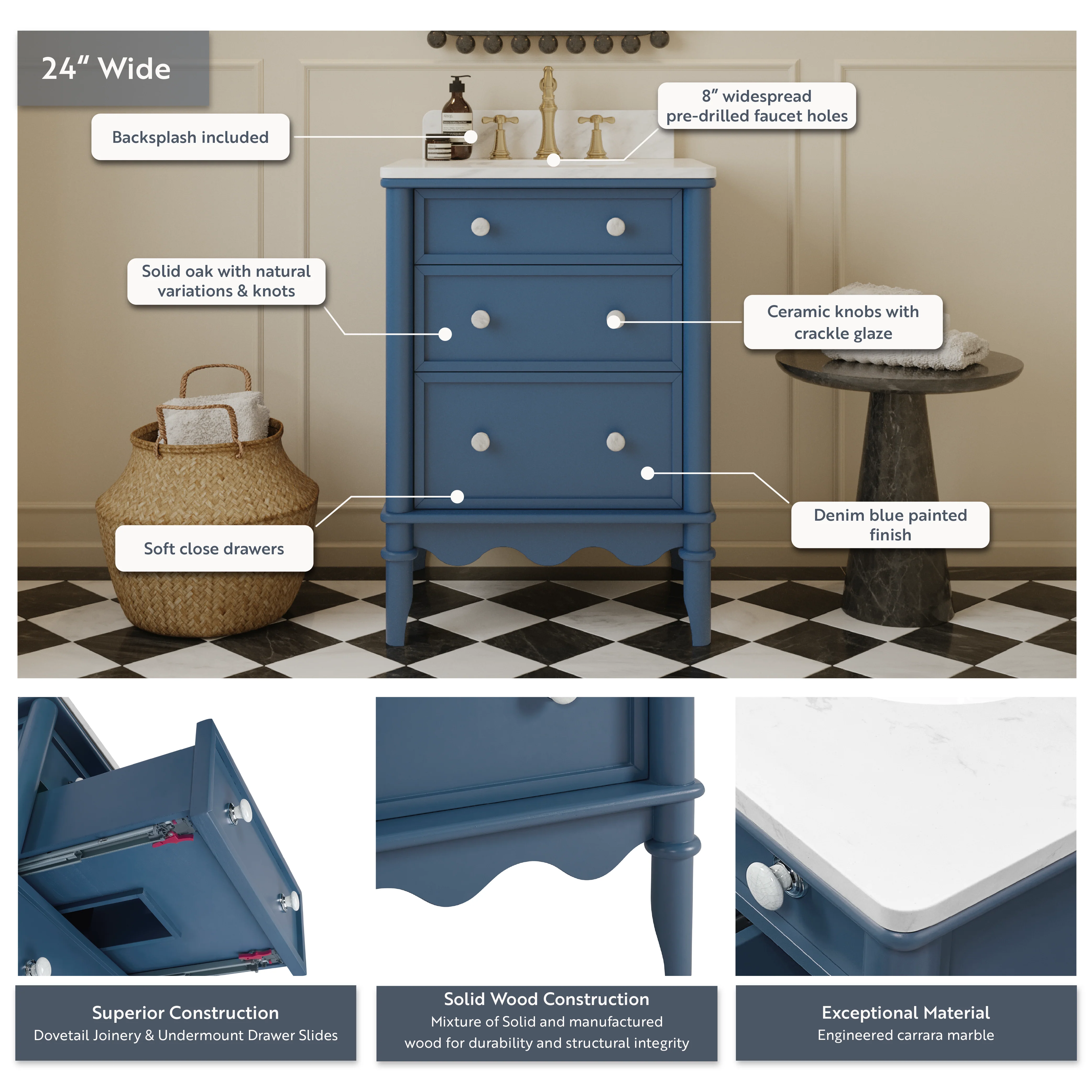 Juliette 24" Scallop Single Bathroom Vanity | Denim Blue | Cultured Marble Countertop - Image 3