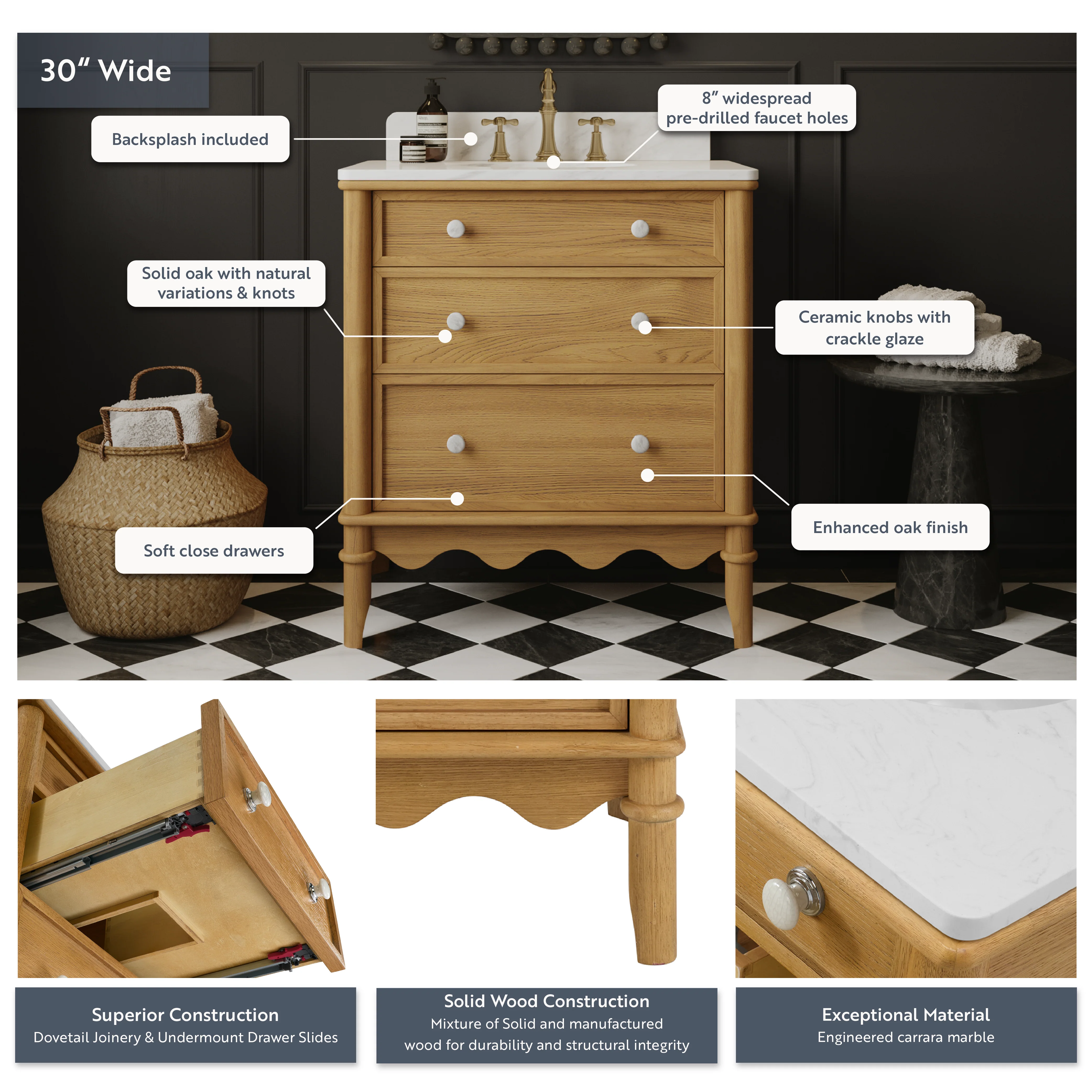 Juliette 30"W x 20"D Single Bathroom Vanity | Natural Enhanced Oak | Cultured Marble Countertop - Image 4