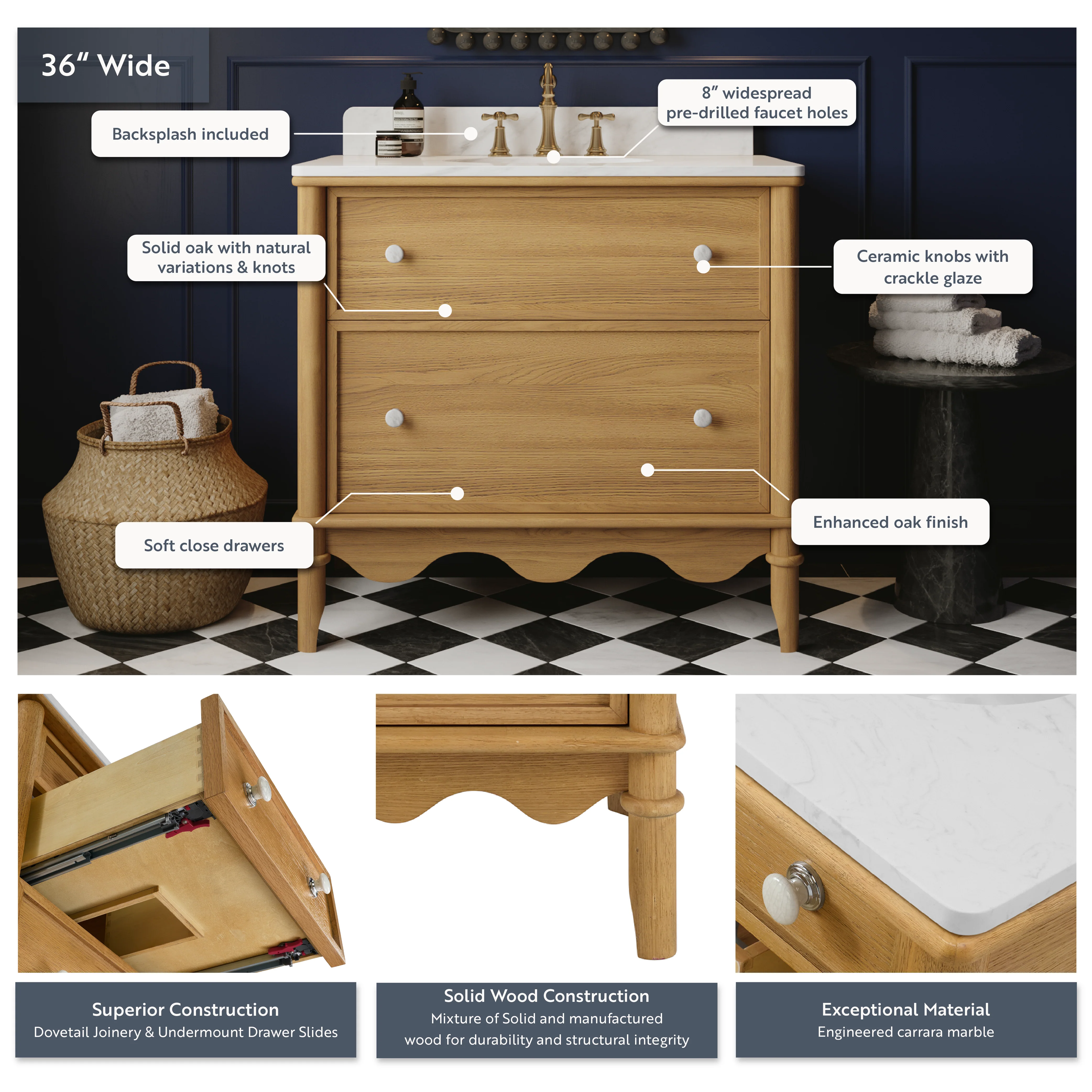 Juliette 36"W Scallop Single Bathroom Vanity | Natural Enhanced Oak | Cultured Marble Countertop - Image 4