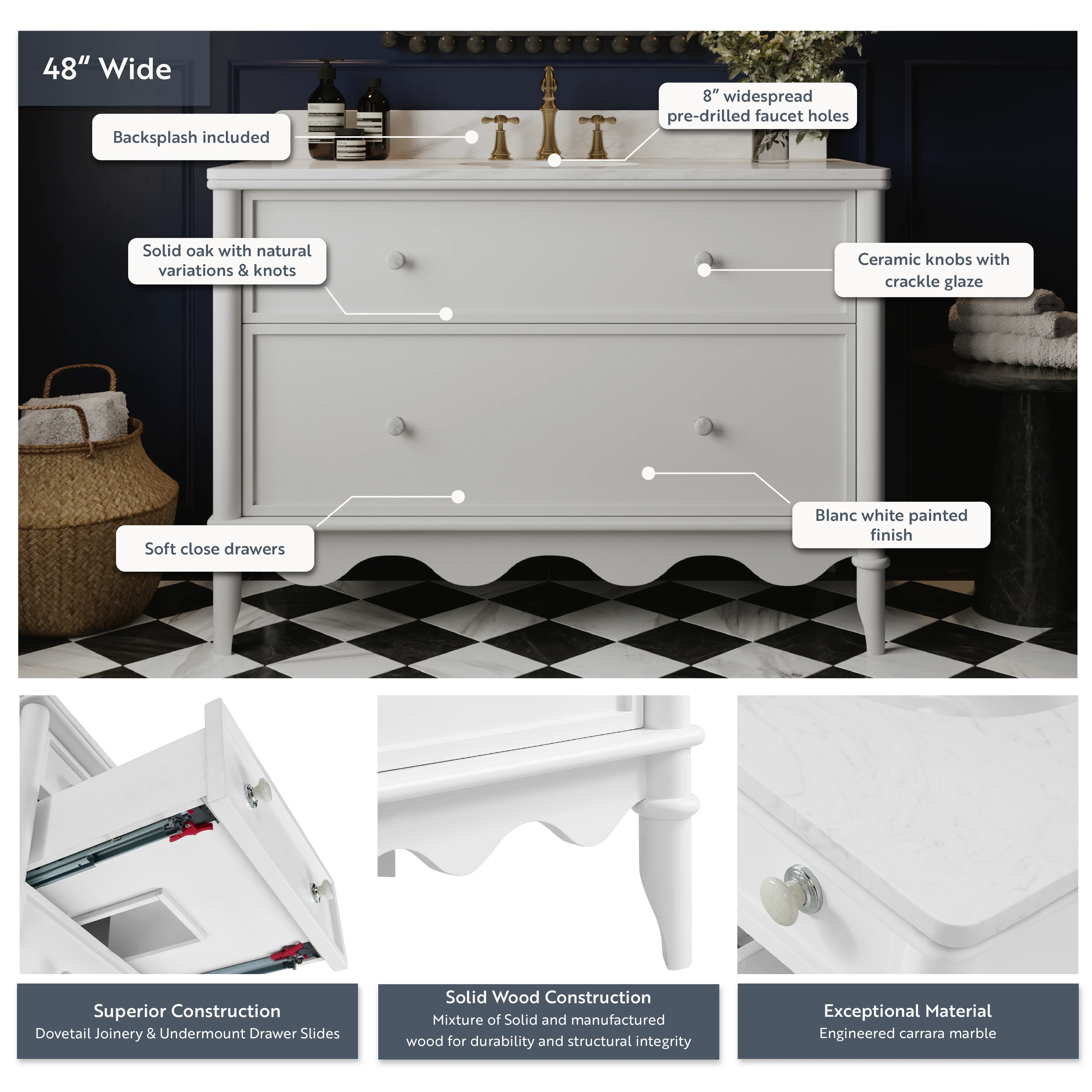 Juliette 48"W Scallop Single Bathroom Vanity | Blanc White |Cultured Marble Countertop - Image 4