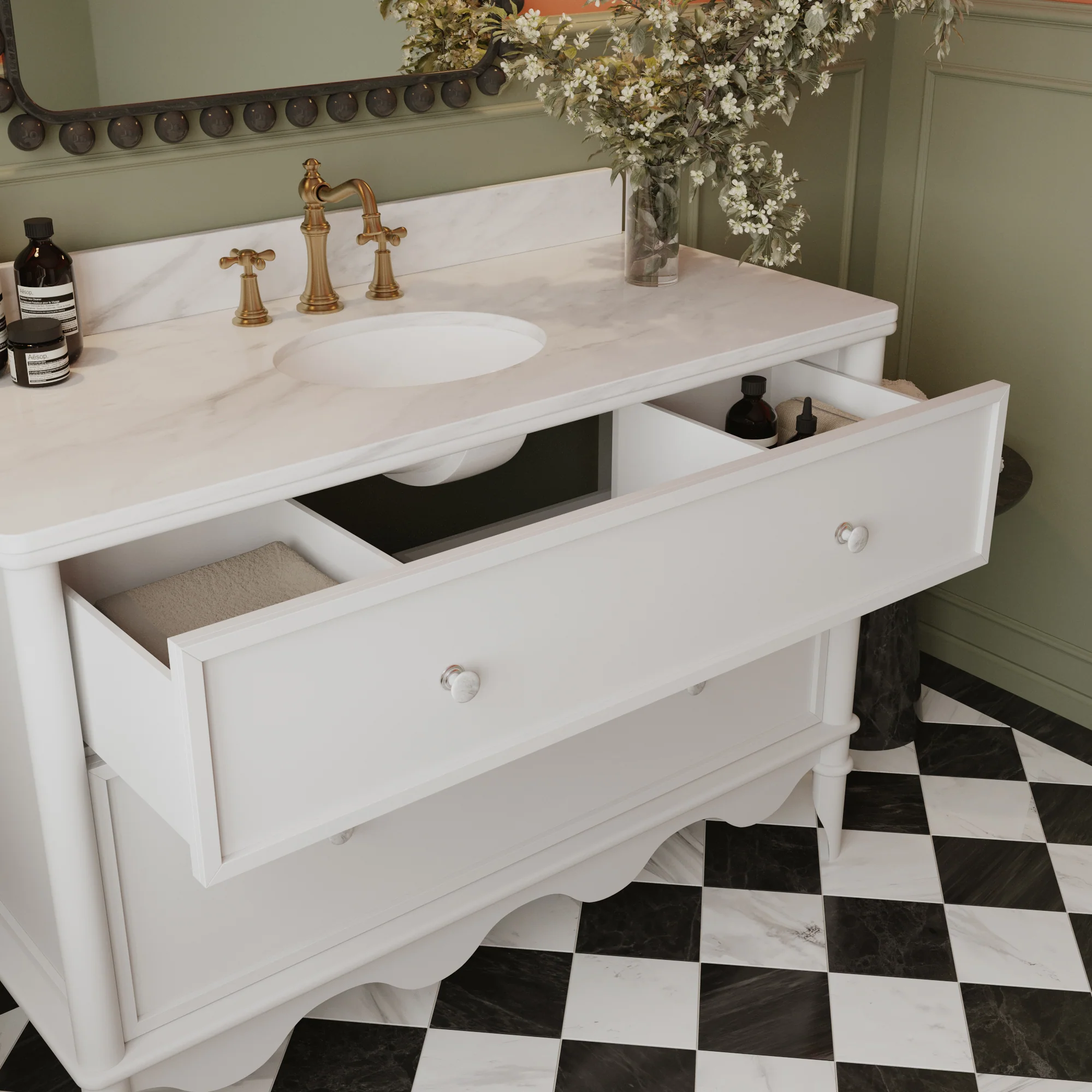 Juliette 48"W Scallop Single Bathroom Vanity | Blanc White |Cultured Marble Countertop - Image 5