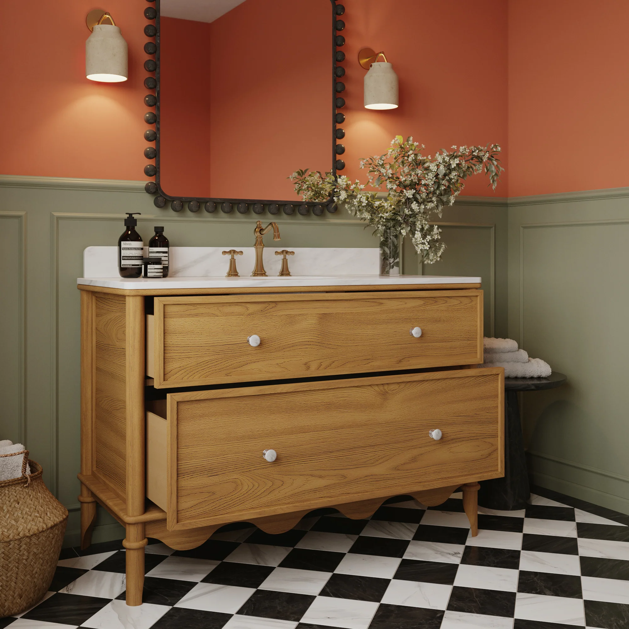 Juliette 48"W Scallop Single Bathroom Vanity | Enhanced Natural Oak |Cultured Marble Countertop - Image 3