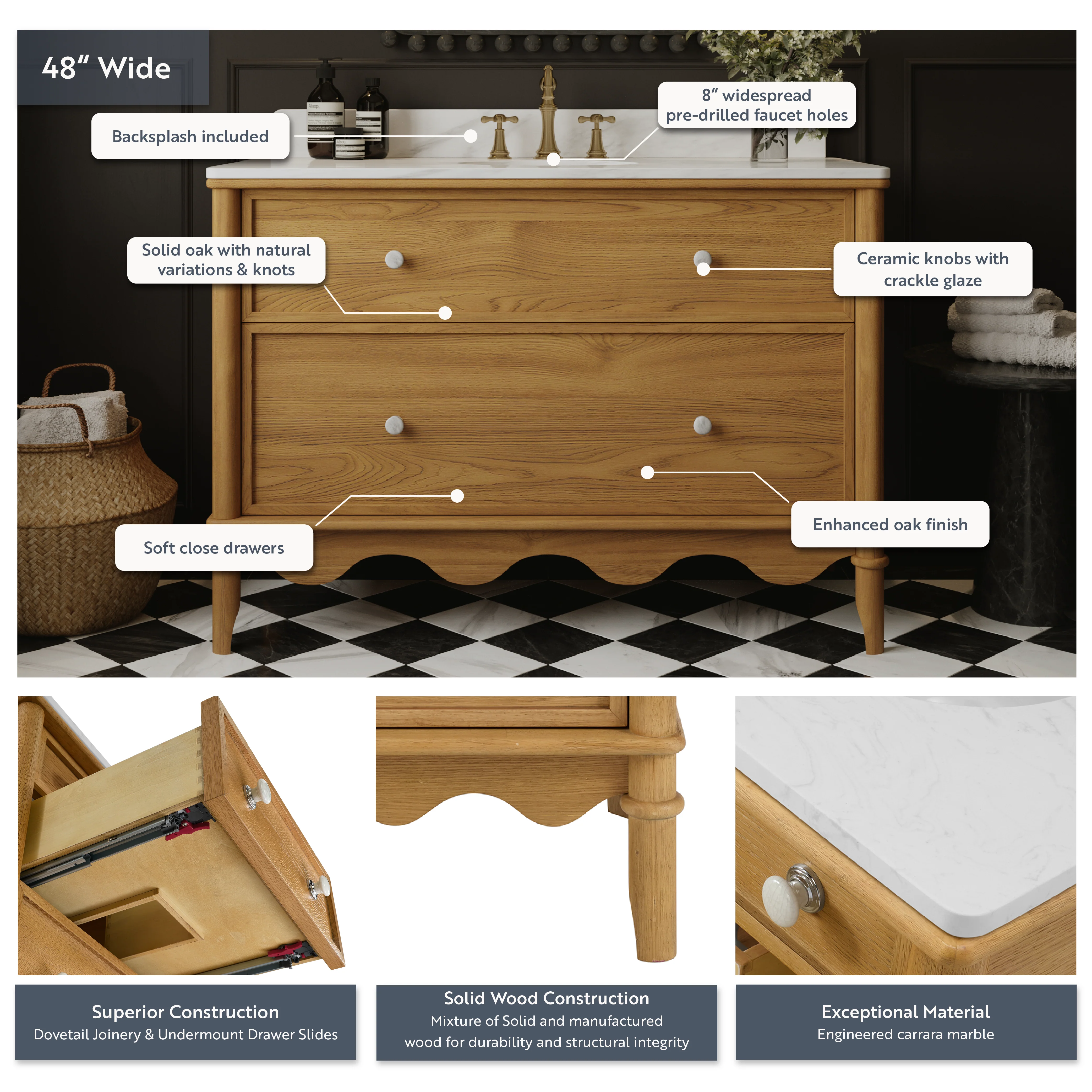 Juliette 48"W Scallop Single Bathroom Vanity | Enhanced Natural Oak |Cultured Marble Countertop - Image 4