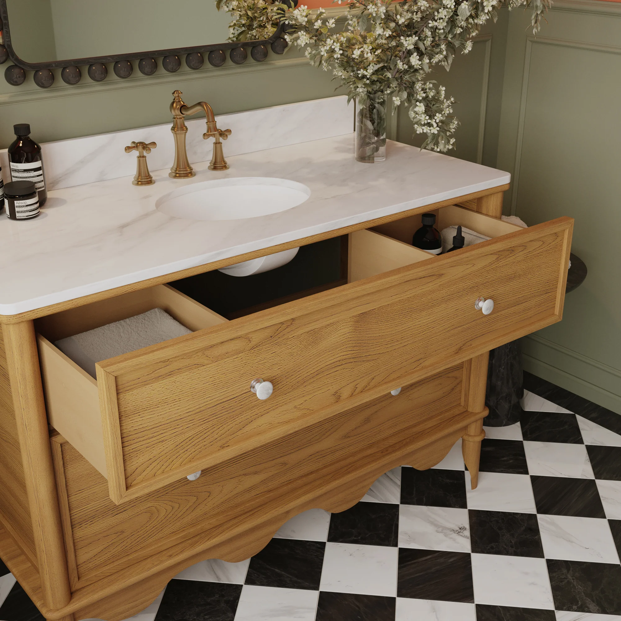 Juliette 48"W Scallop Single Bathroom Vanity | Enhanced Natural Oak |Cultured Marble Countertop - Image 5