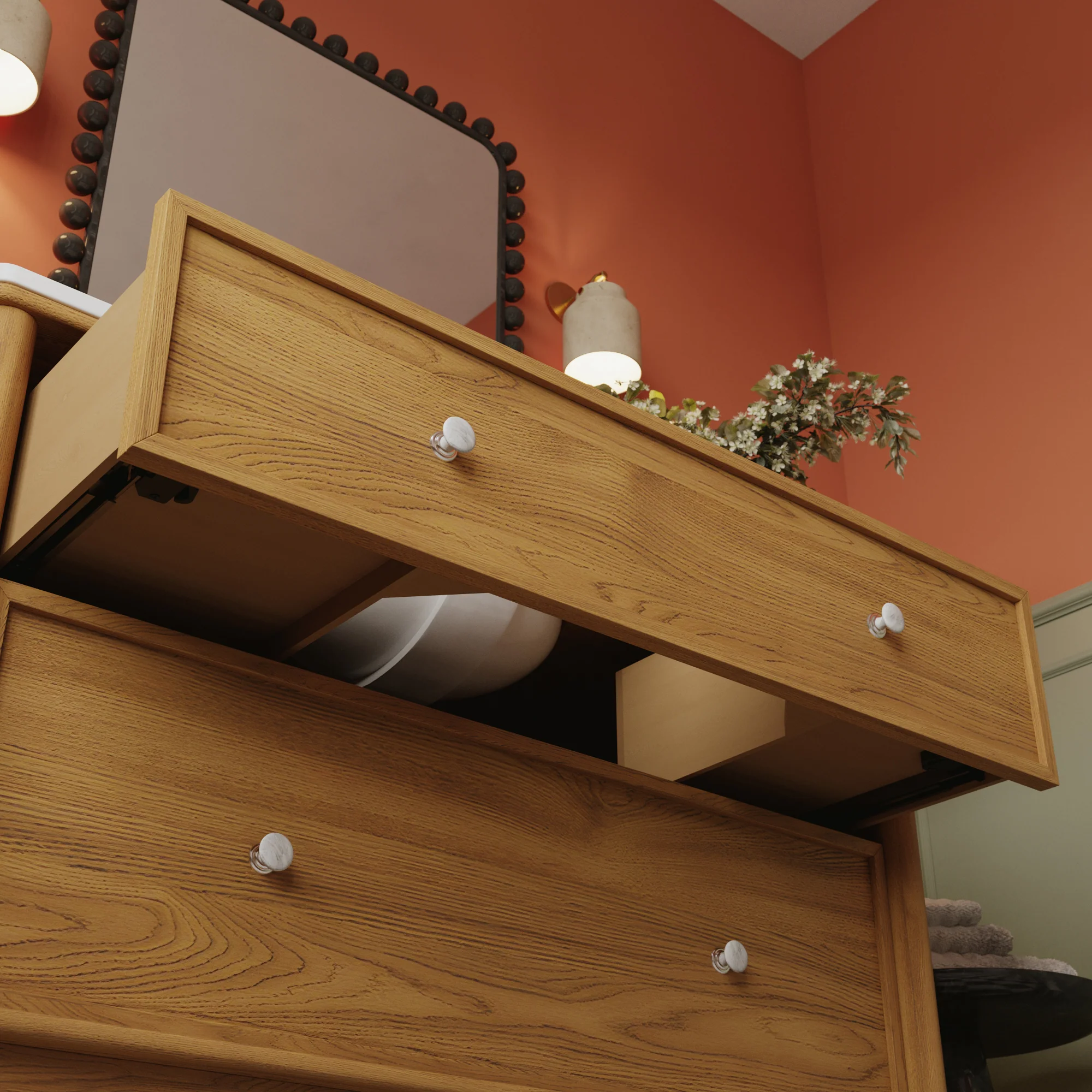 Juliette 48"W Scallop Single Bathroom Vanity | Enhanced Natural Oak |Cultured Marble Countertop - Image 9