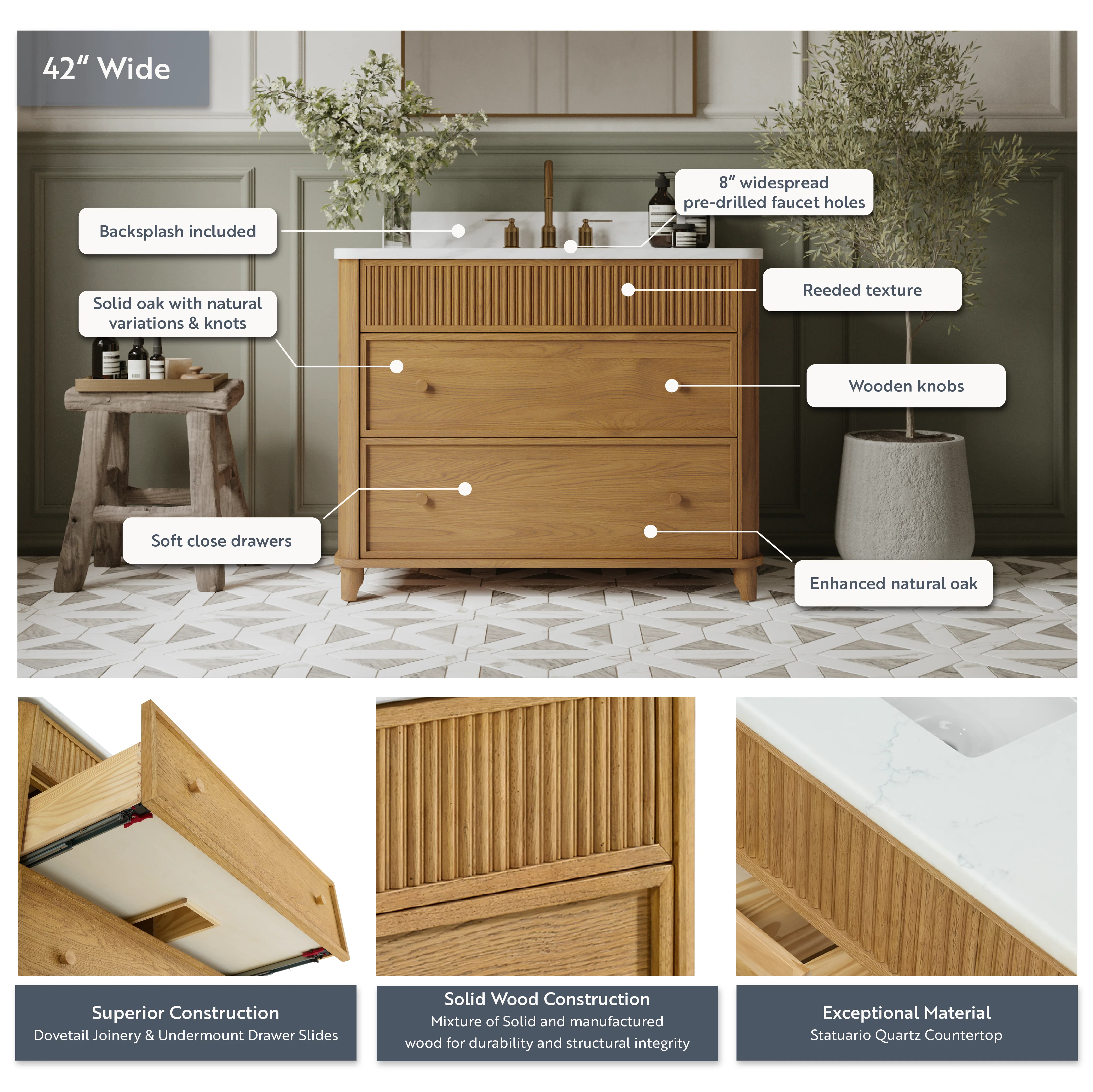Kathryne 42" Single Bathroom Vanity | Statuario Quartz Countertop - Image 4