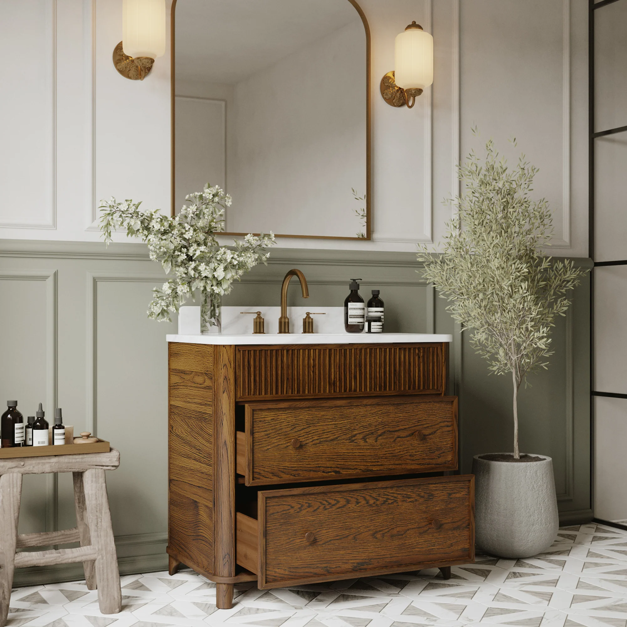 Kathryne 36" Single Bathroom Vanity in Enhanced Brown Oak | Statuario Quartz Countertop - Image 3