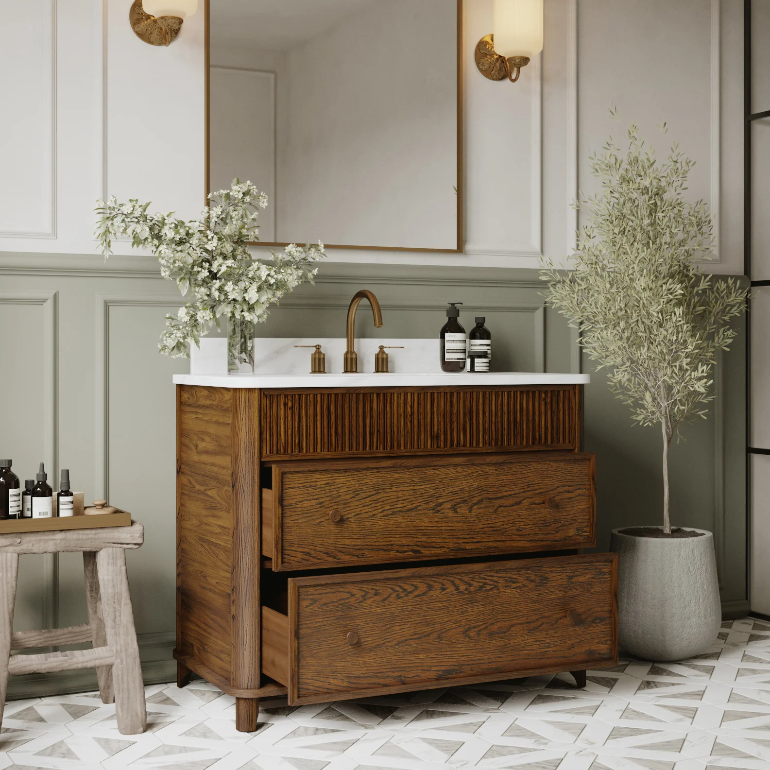 Kathryne 42" Single Bathroom Vanity in Enhanced Brown Oak | Statuario Quartz Countertop - Image 3