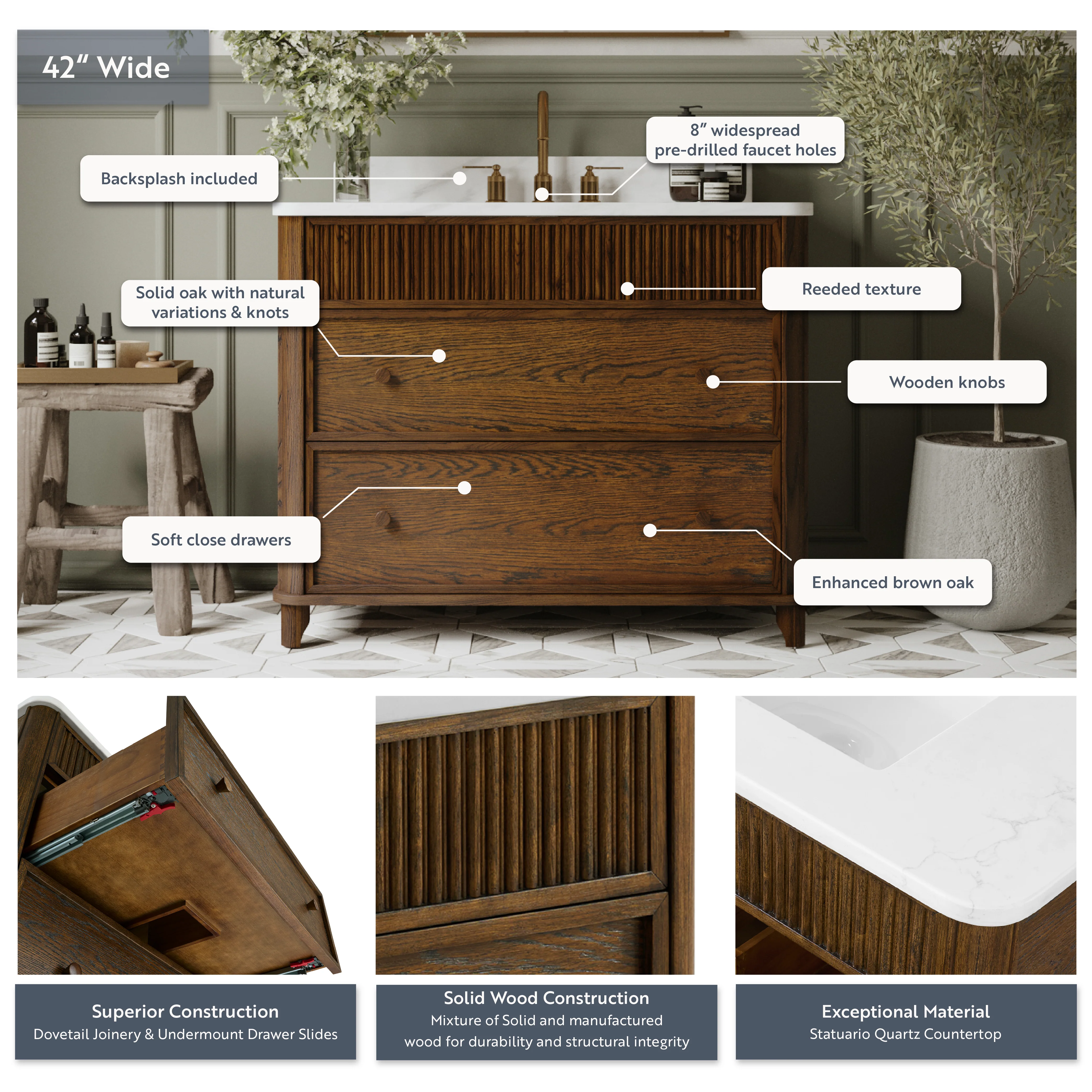 Kathryne 42" Single Bathroom Vanity in Enhanced Brown Oak | Statuario Quartz Countertop - Image 4