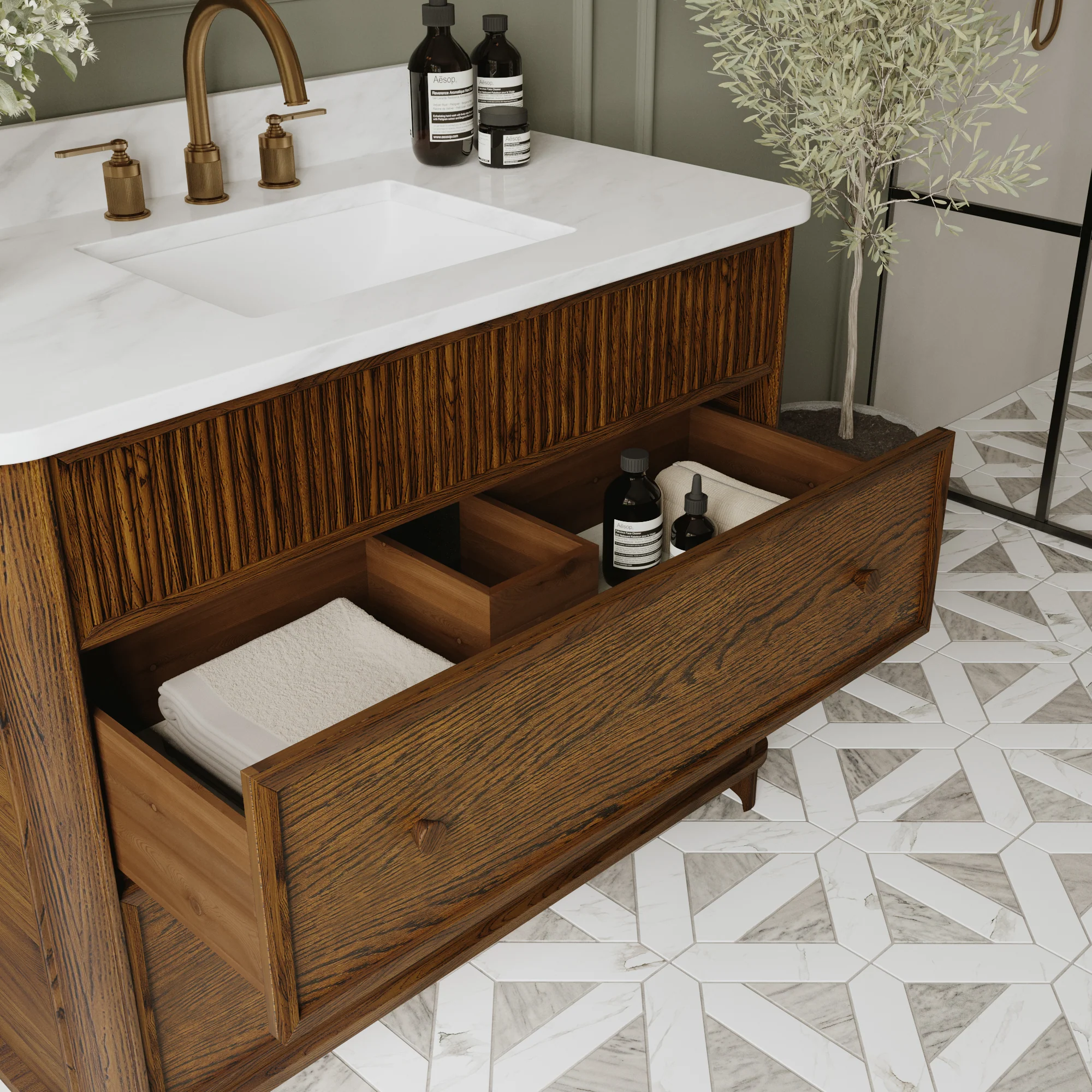 Kathryne 42" Single Bathroom Vanity in Enhanced Brown Oak | Statuario Quartz Countertop - Image 9