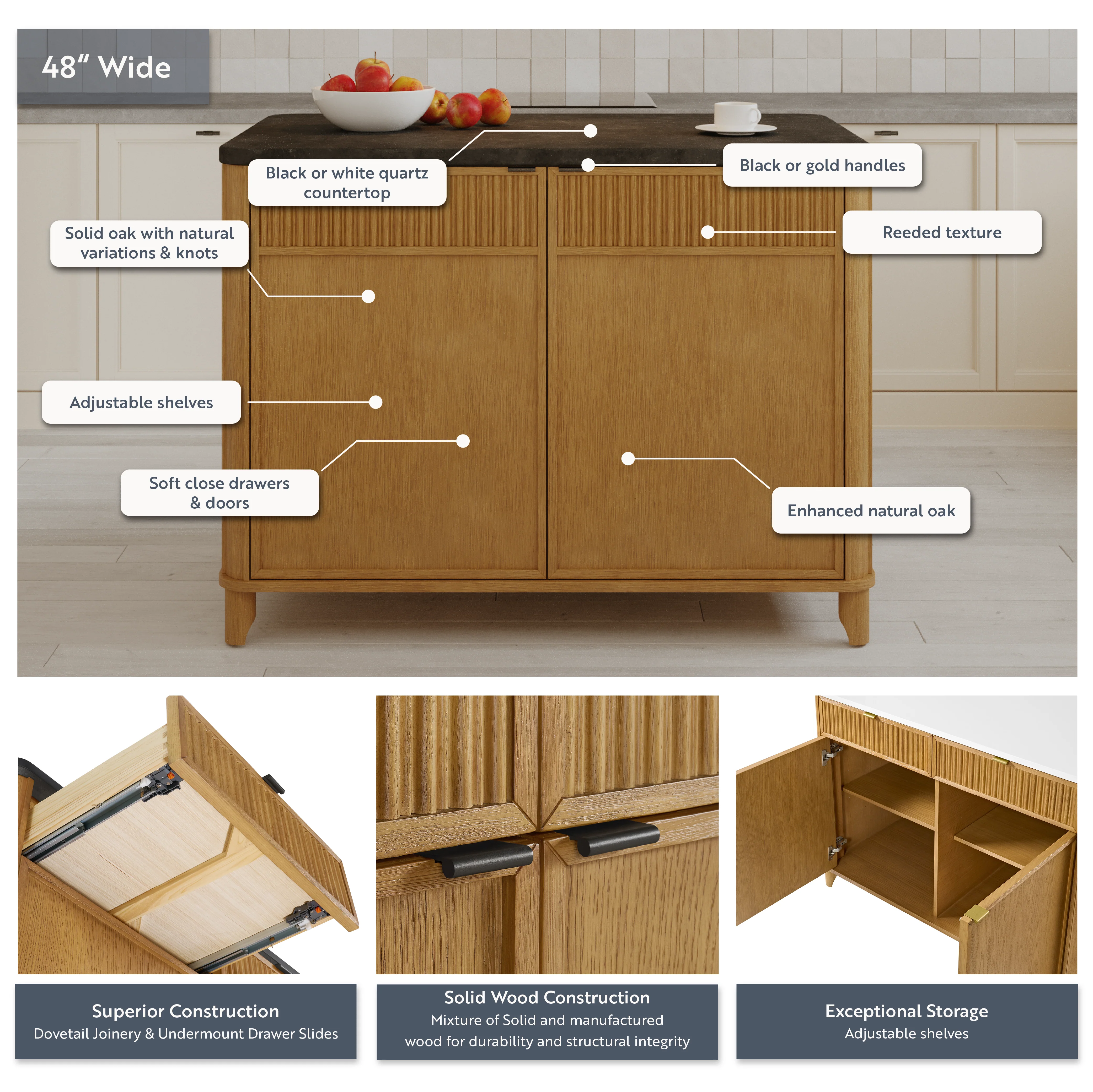 Kathryne 48" Kitchen Island | Quartz Countertop - Image 3