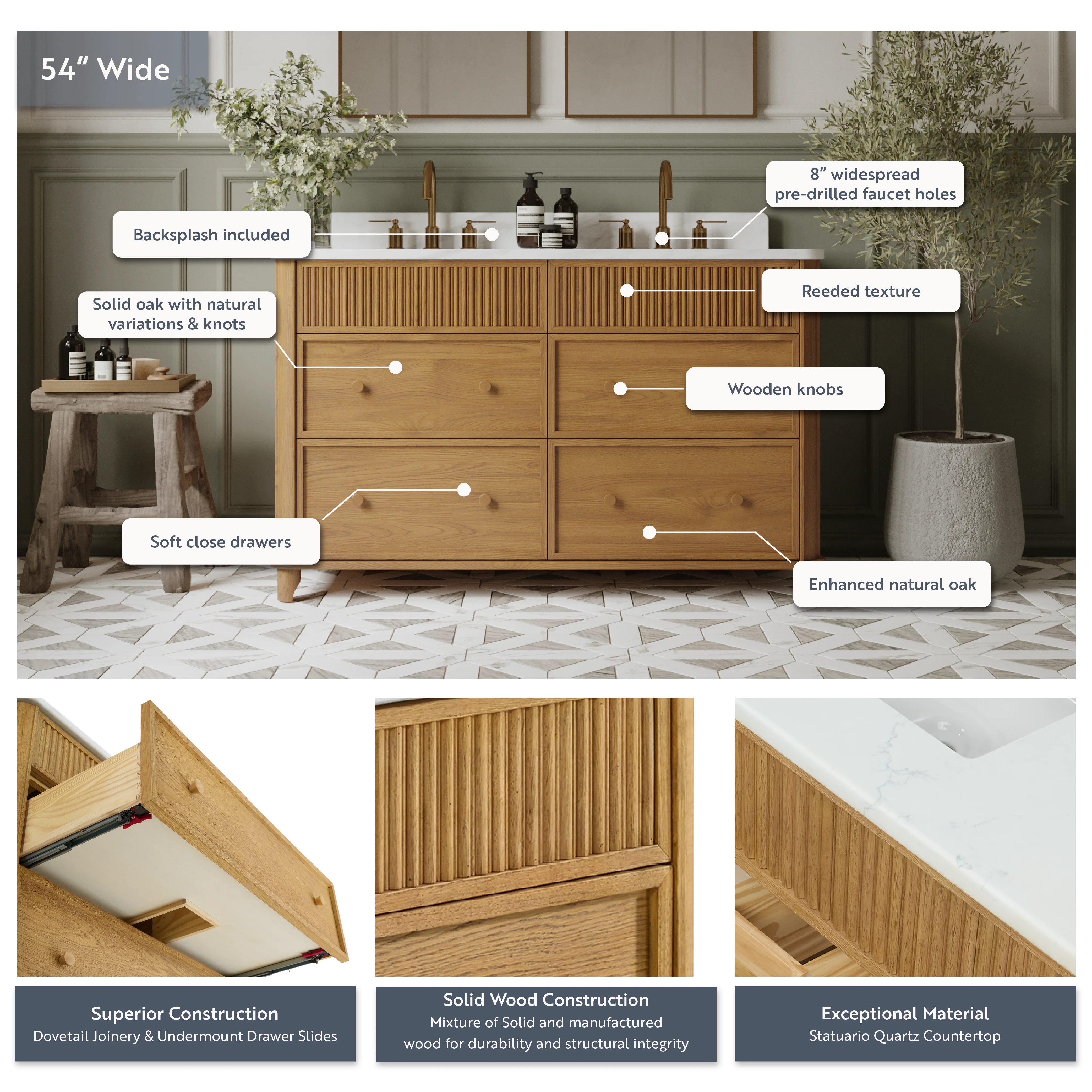Kathryne 54" Double Bathroom Vanity | Statuario Quartz Countertop - Image 4
