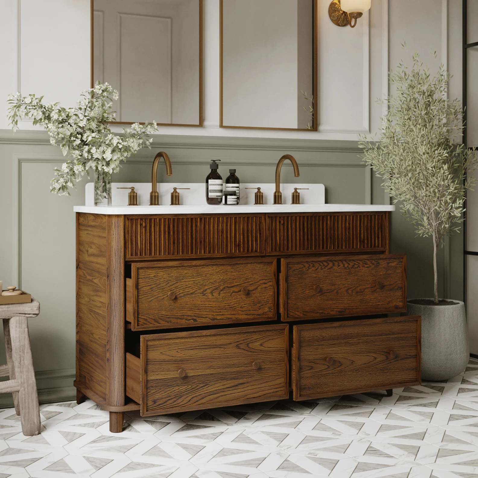 Kathryne 54" Double Bathroom Vanity in Enhanced Brown Oak | Statuario Quartz Countertop - Image 3