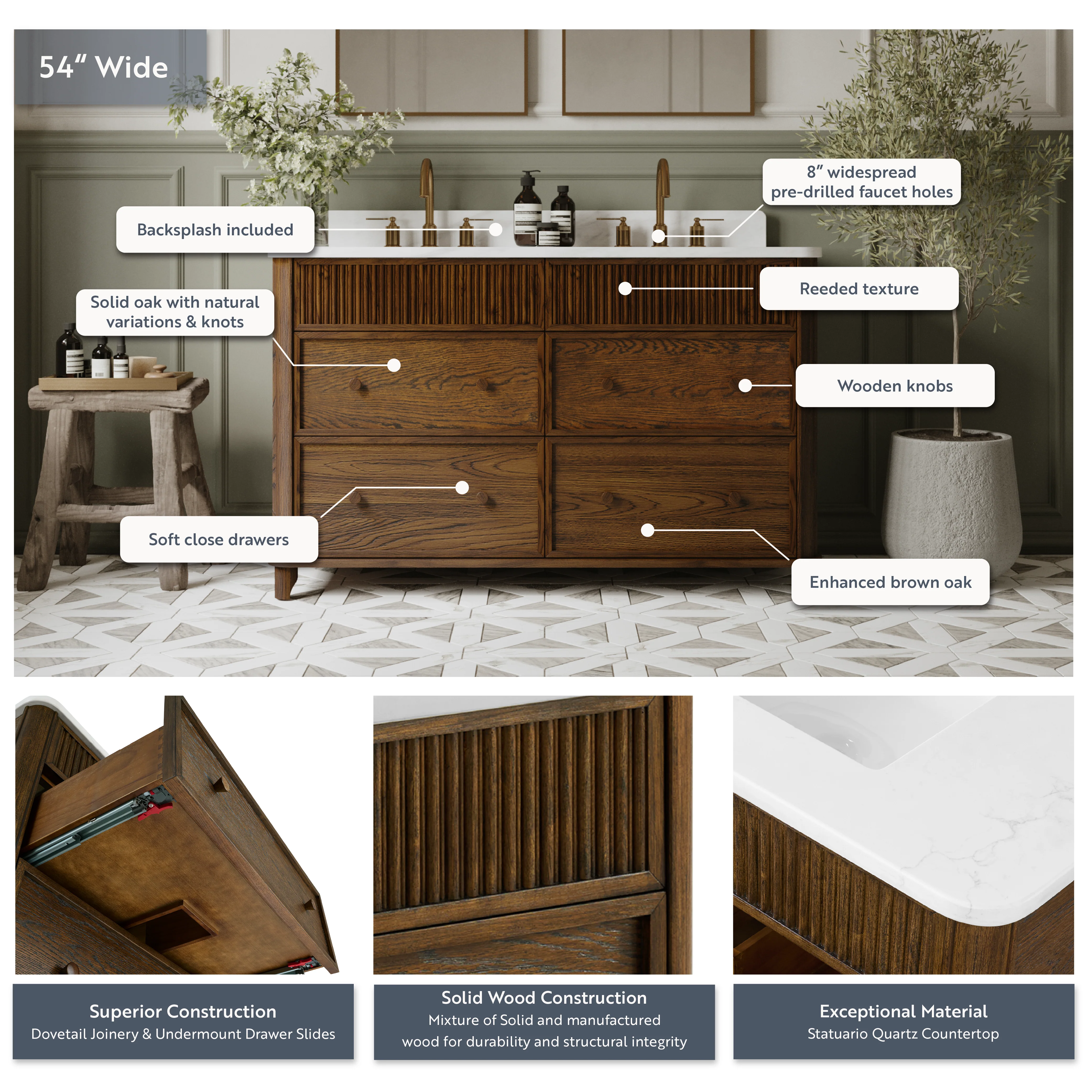 Kathryne 54" Double Bathroom Vanity in Enhanced Brown Oak | Statuario Quartz Countertop - Image 4