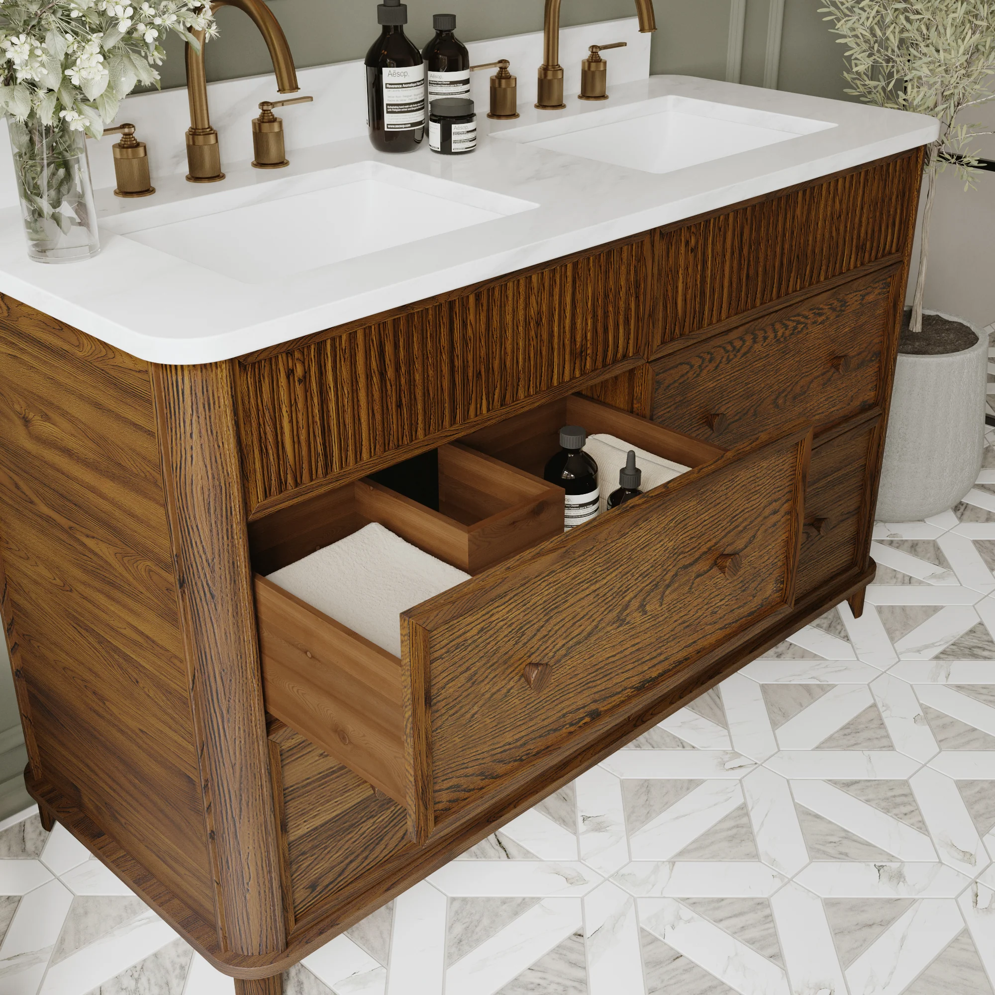 Kathryne 54" Double Bathroom Vanity in Enhanced Brown Oak | Statuario Quartz Countertop - Image 6