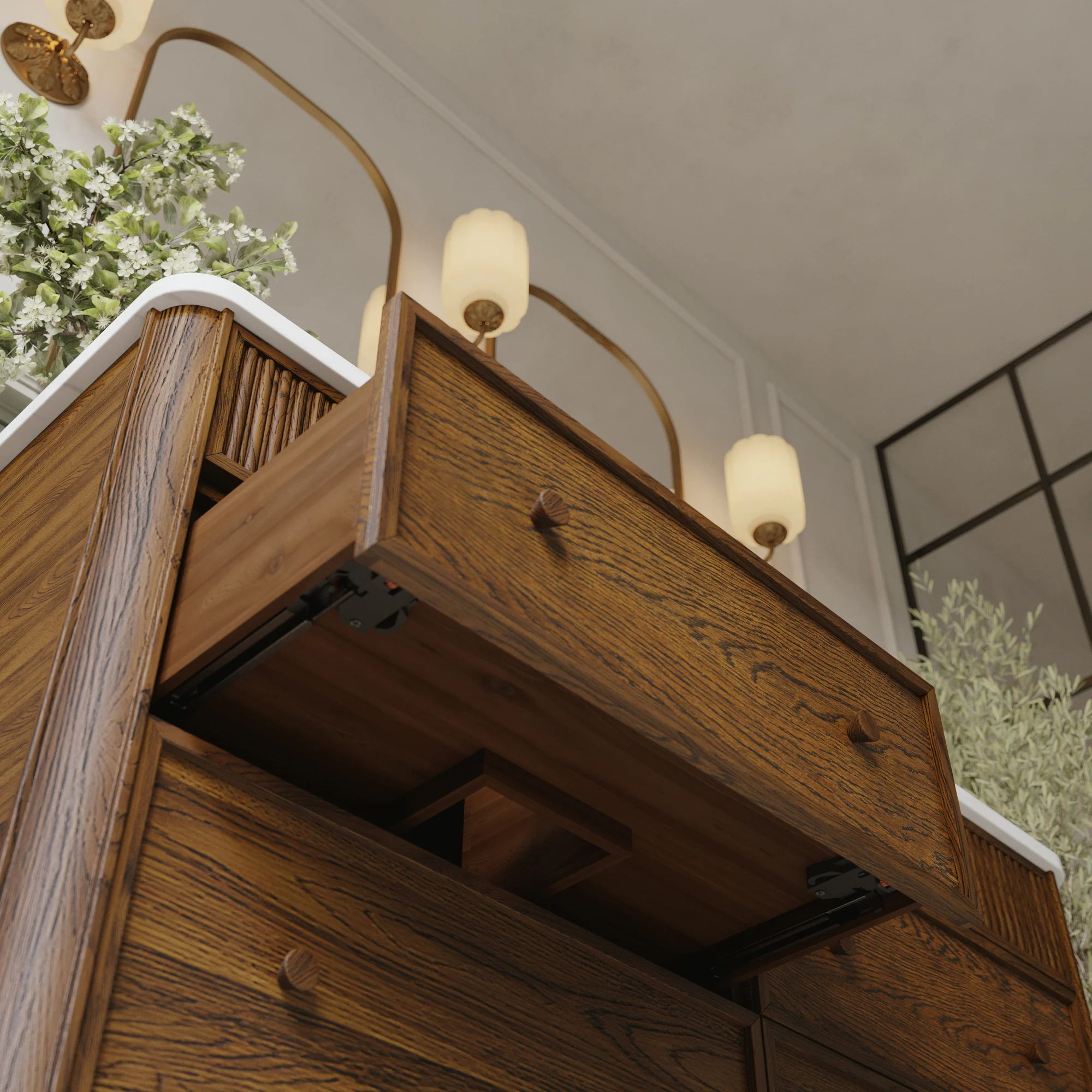 Kathryne 60" Double Bathroom Vanity in Enhanced Brown Oak | Statuario Quartz Countertop - Image 13