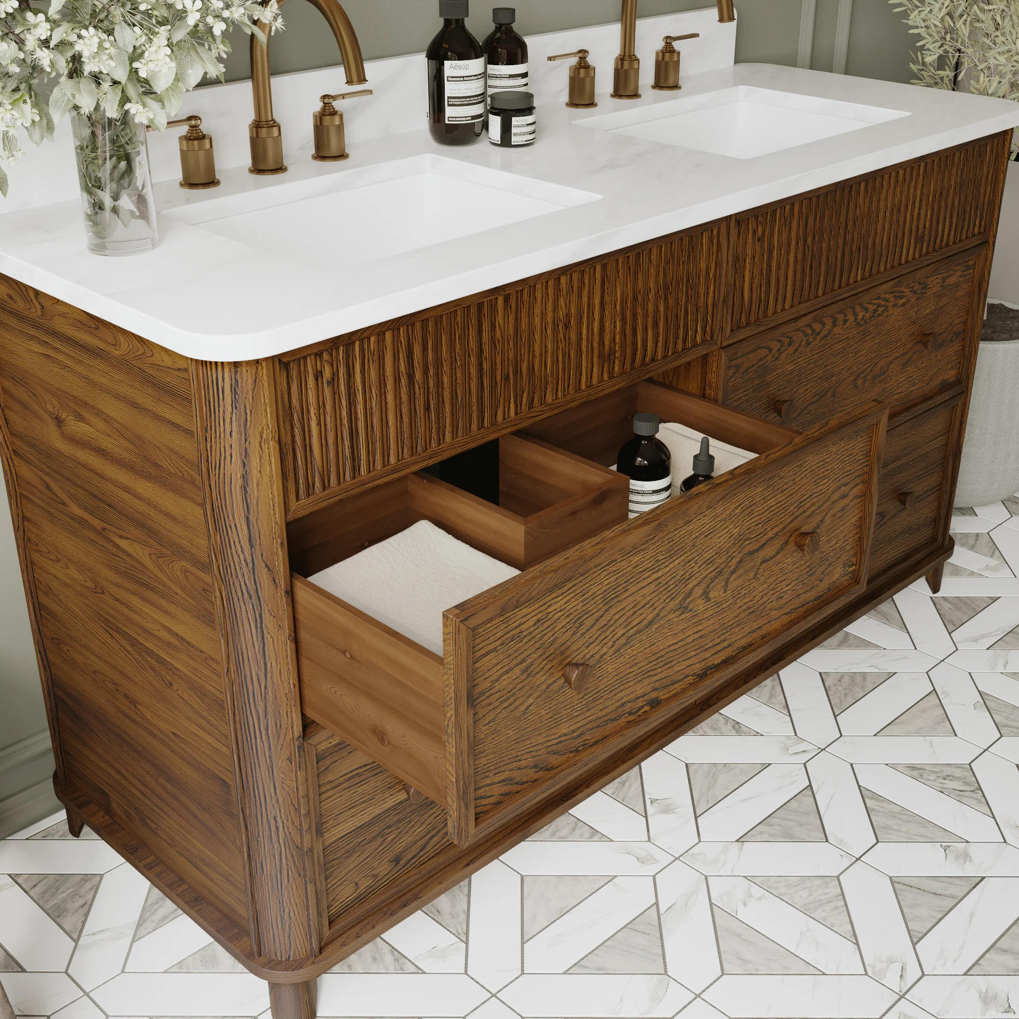 Kathryne 60" Double Bathroom Vanity in Enhanced Brown Oak | Statuario Quartz Countertop - Image 8
