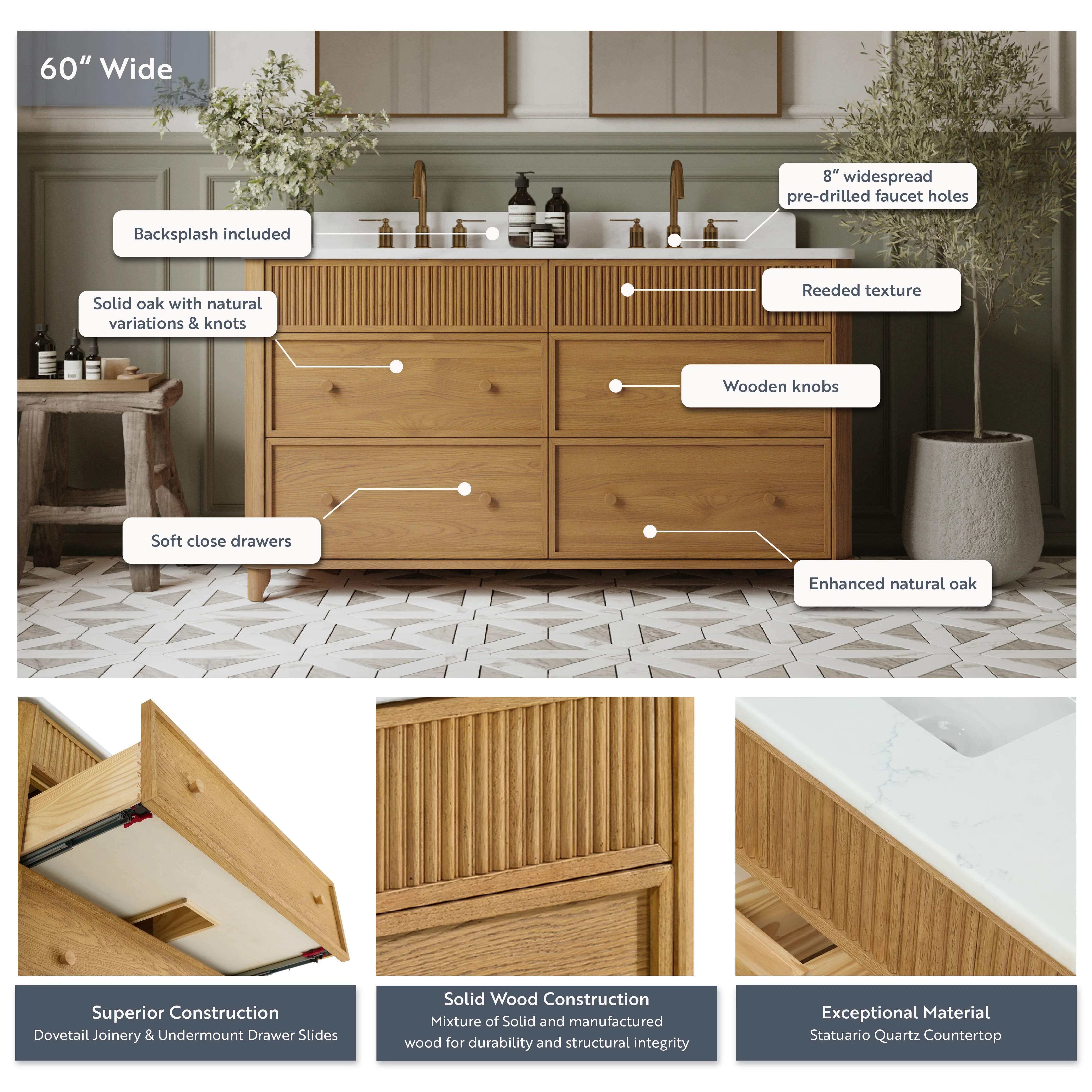 Kathryne 60" Double Bathroom Vanity | Statuario Quartz Countertop - Image 4