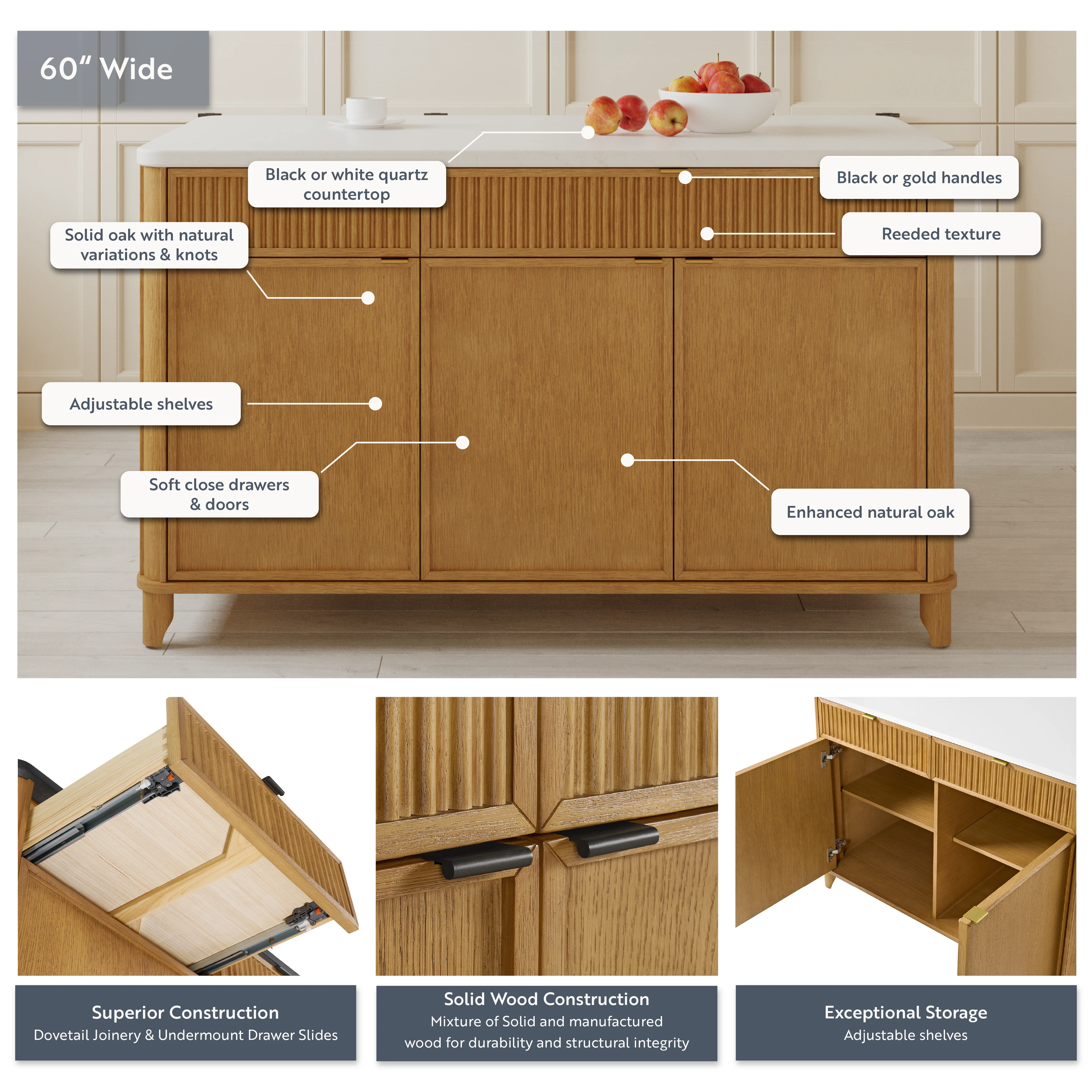 Kathryne 60" Kitchen Island in Oak | Quartz Countertop - Image 4