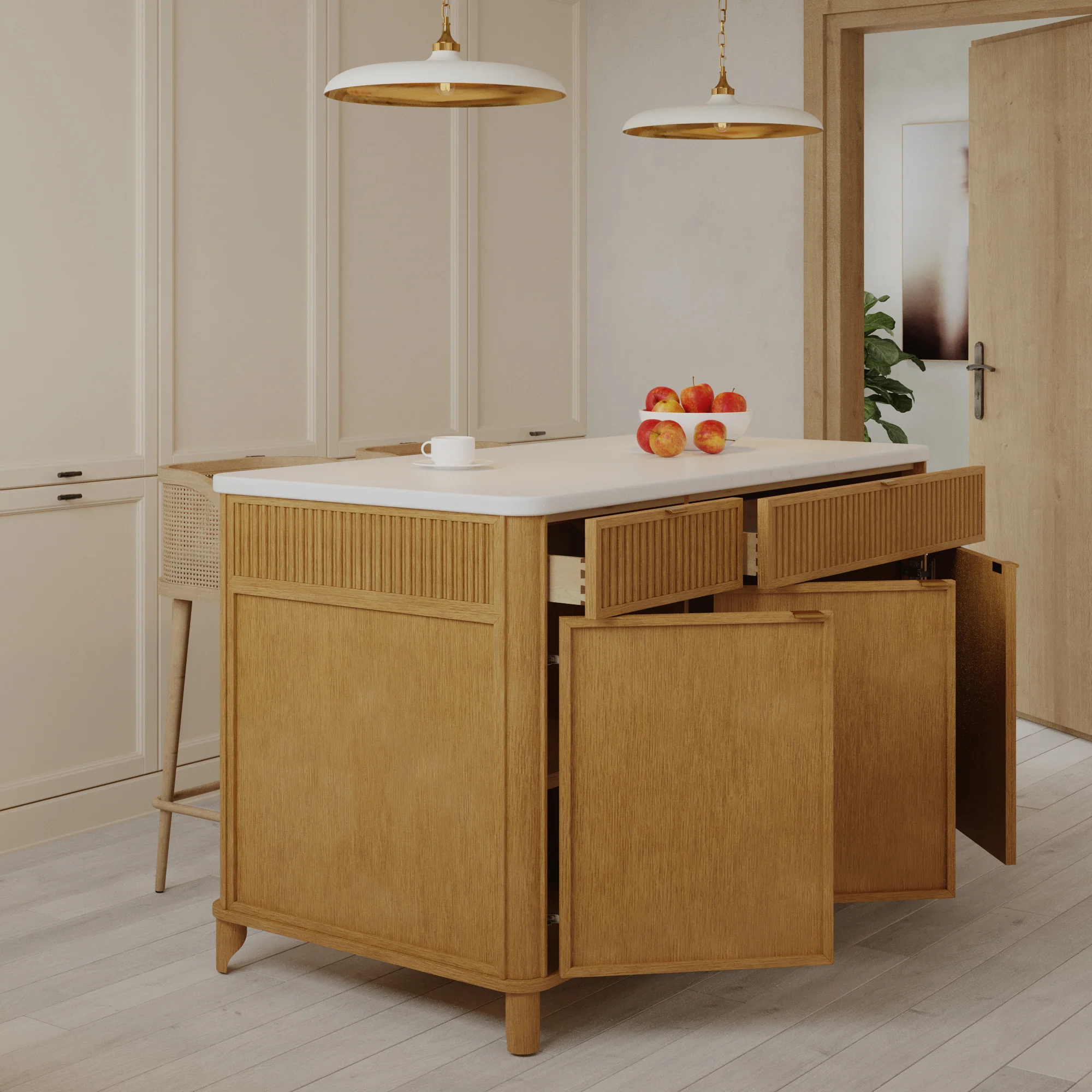 Kathryne 60" Kitchen Island in Oak | Quartz Countertop - Image 7