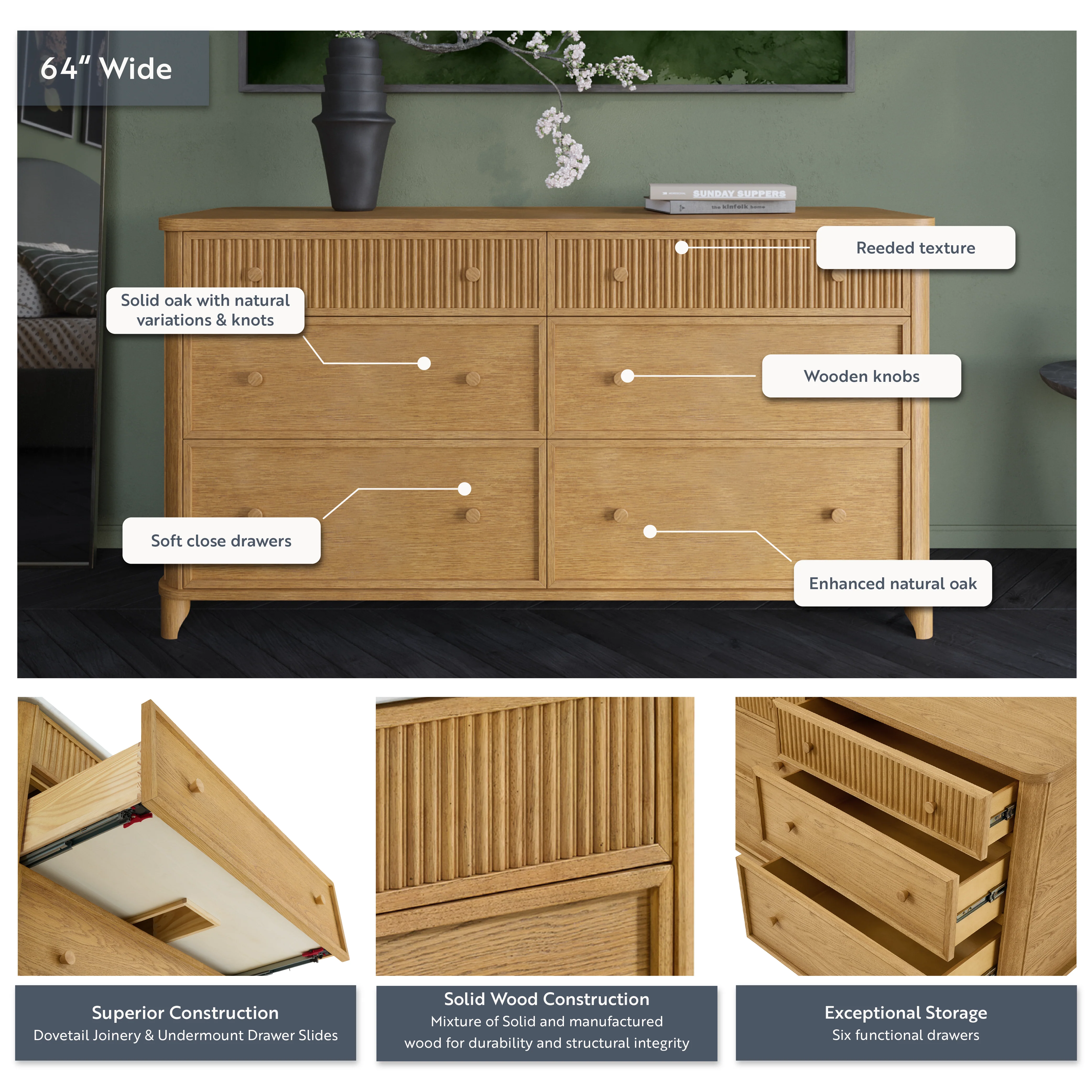 Kathryne 64" Wide Solid Wood 6-Drawer Double Dresser In Natural Oak - Image 4