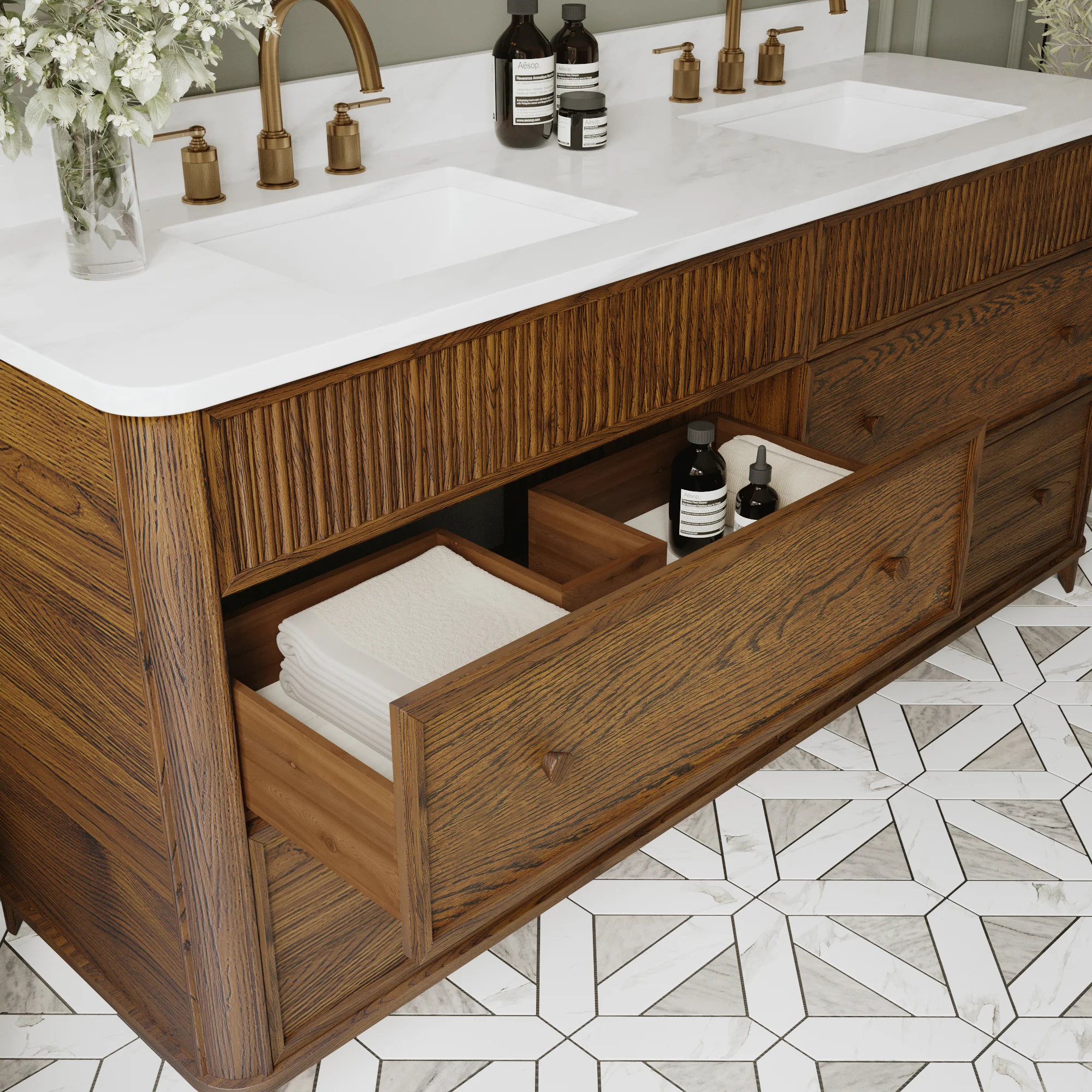 Kathryne 72" Double Bathroom Vanity in Enhaced Brown Oak | Statuario Quartz Countertop - Image 17