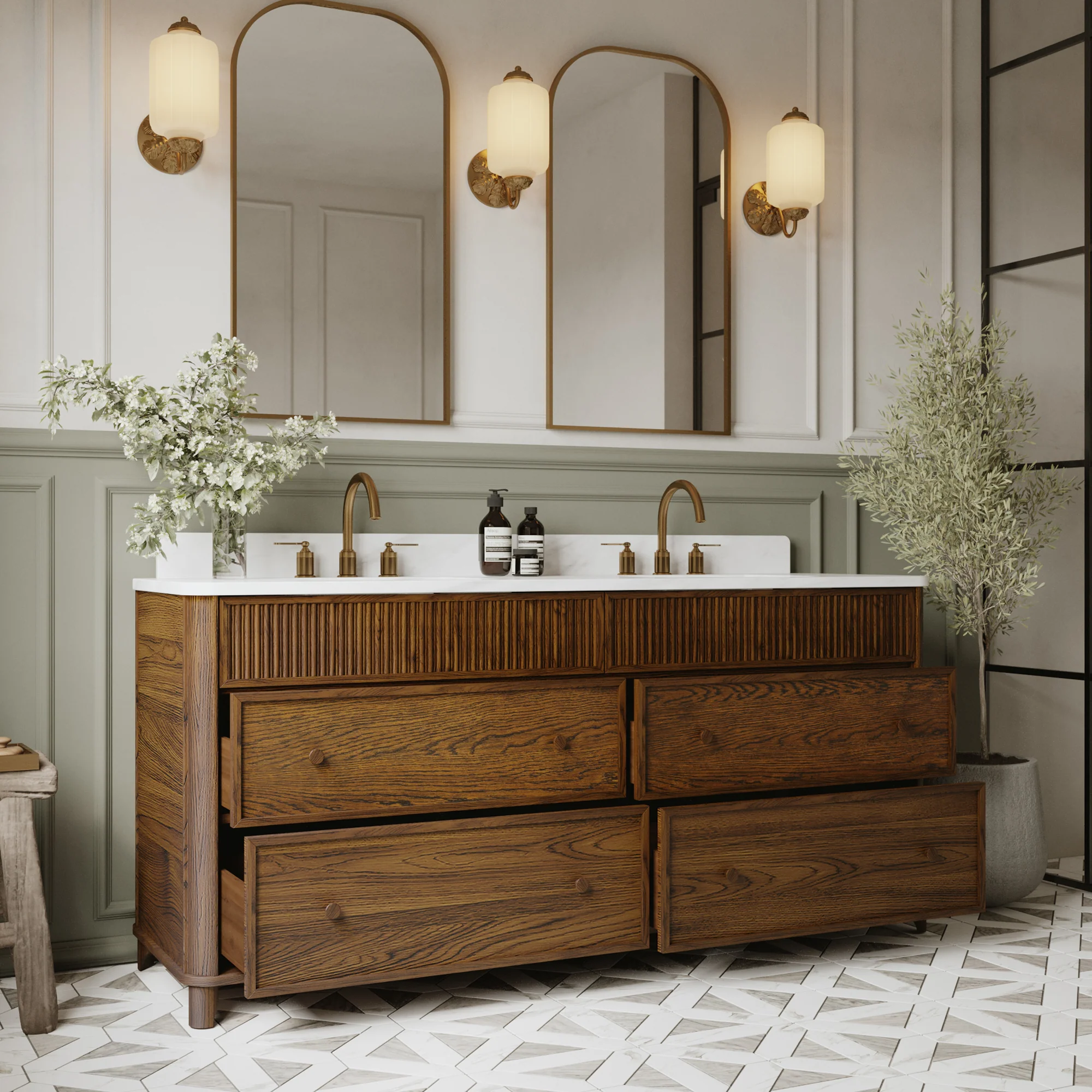 Kathryne 72" Double Bathroom Vanity in Enhaced Brown Oak | Statuario Quartz Countertop - Image 3