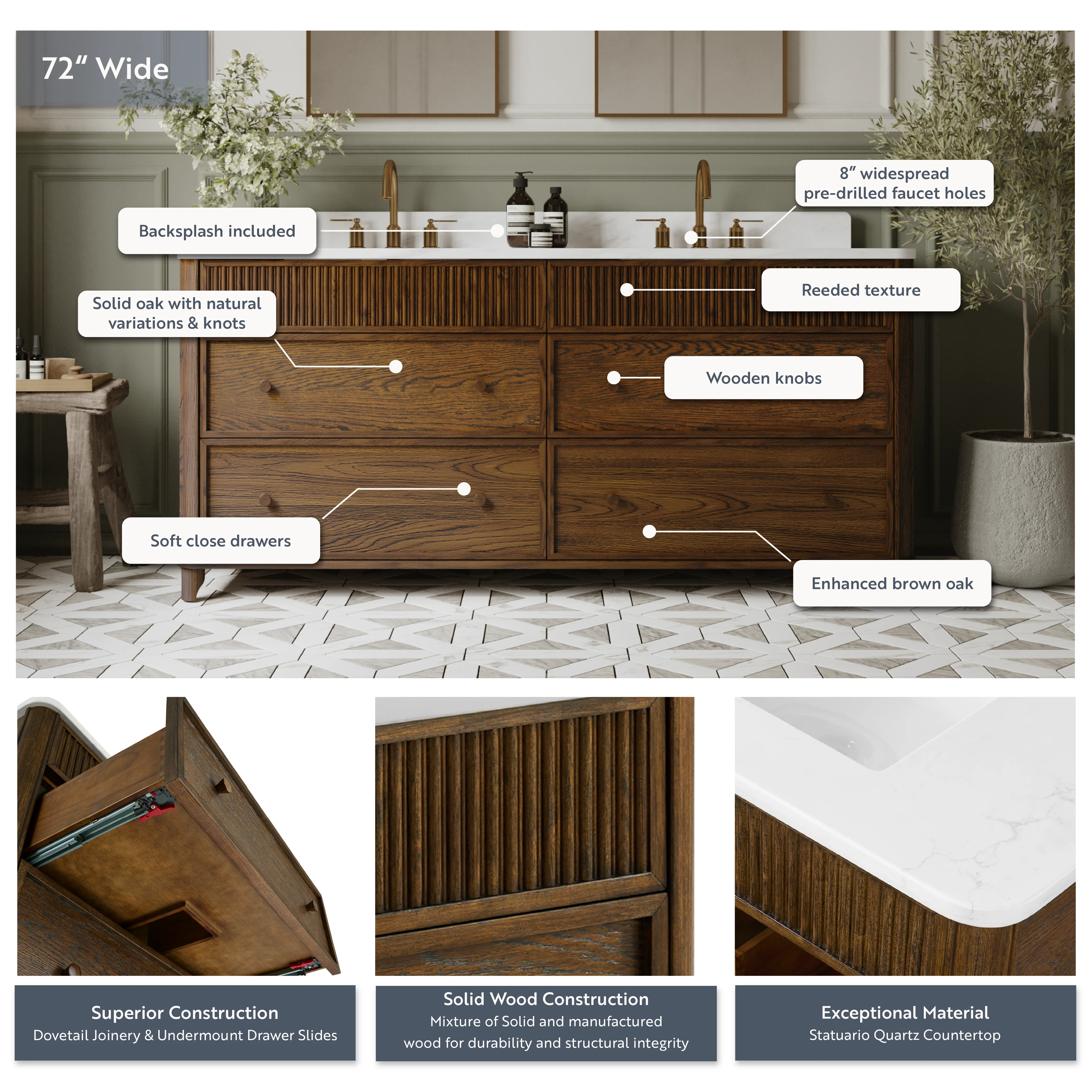Kathryne 72" Double Bathroom Vanity in Enhaced Brown Oak | Statuario Quartz Countertop - Image 4