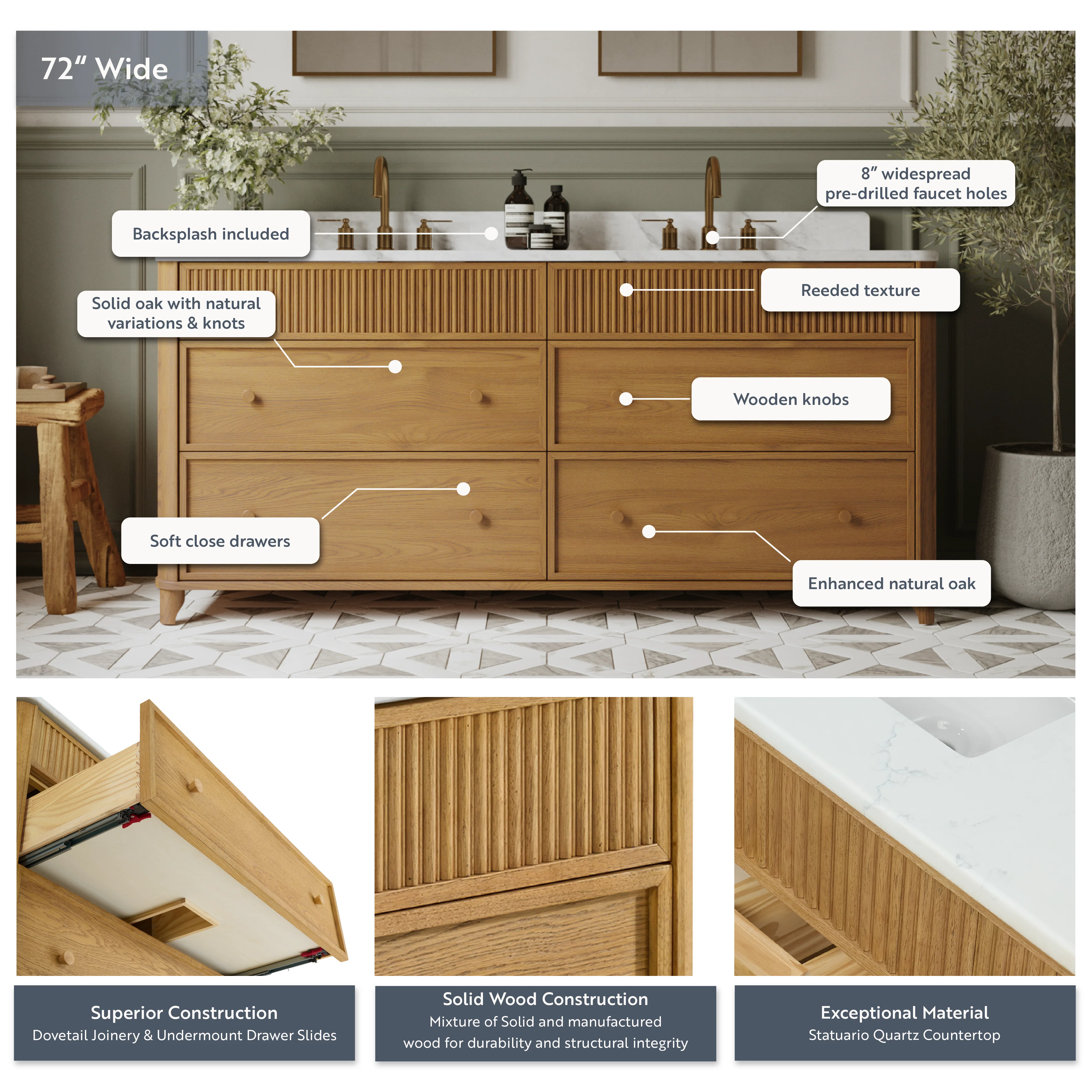 Kathryne 72" Double Sink Bathroom Vanity | Statuario Quartz Countertop - Image 4