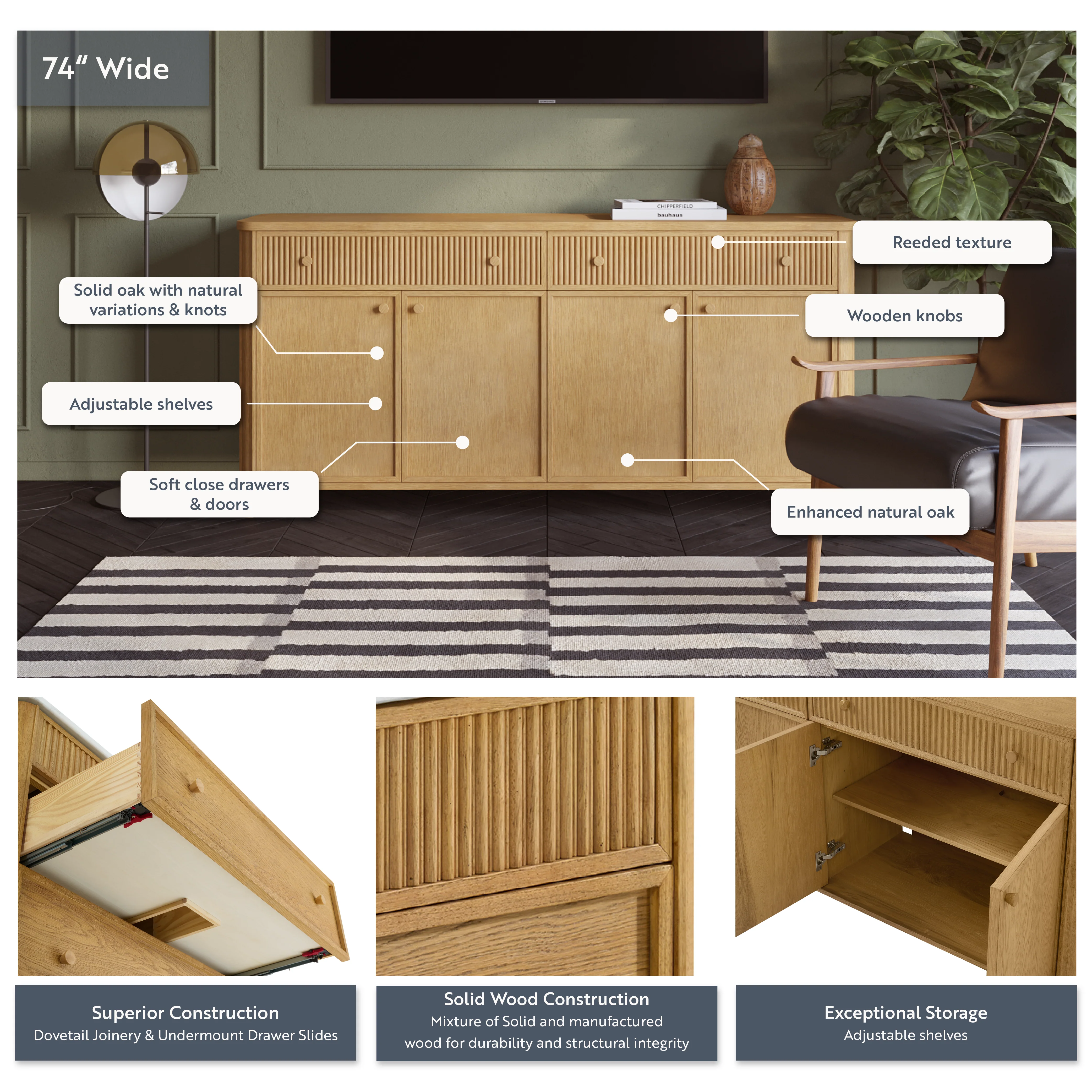 Kathryne 74" Solid Wood Sideboard Buffet In Natural Oak - Image 3