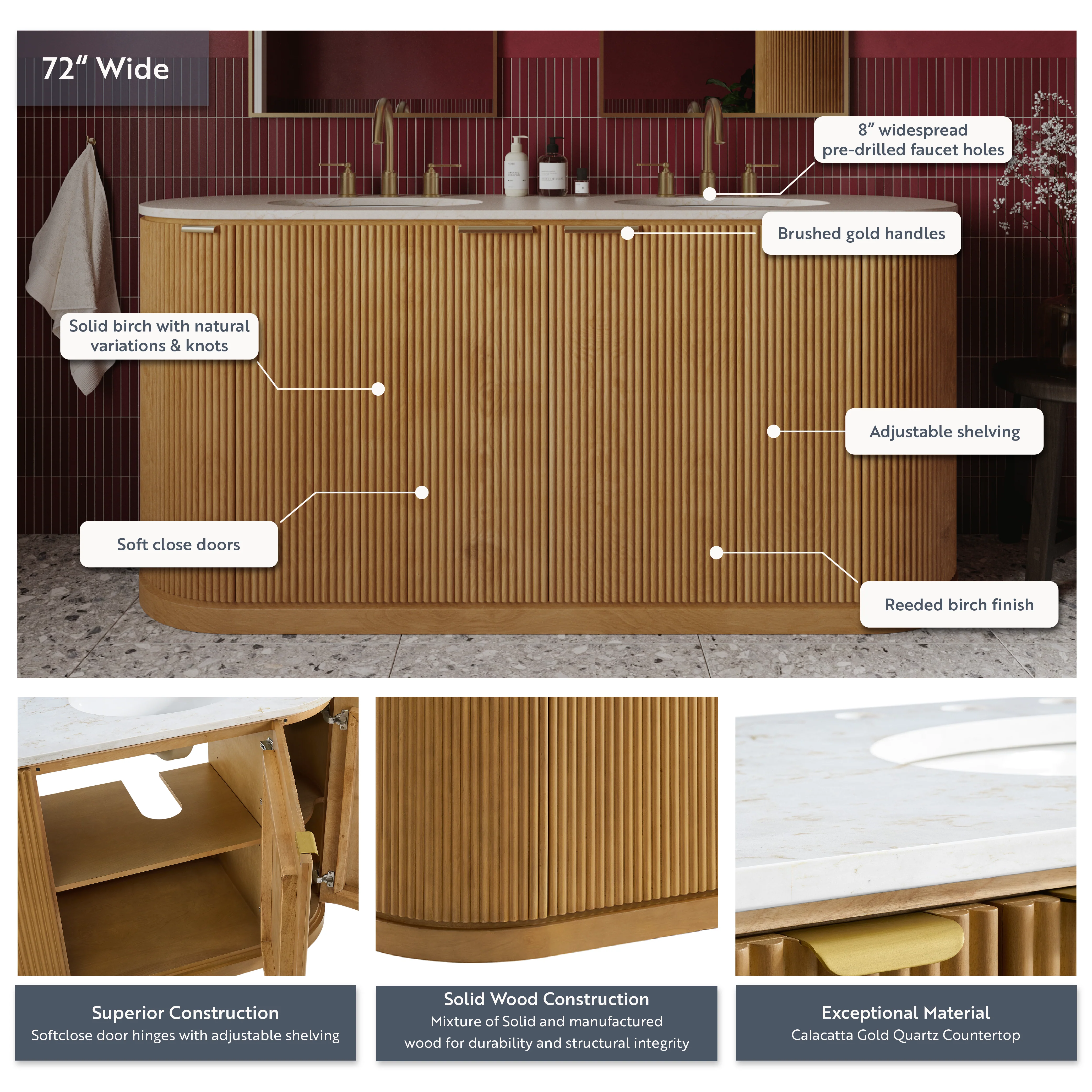 Luna Reeded 72" Double Bathroom Vanity With Quartz Countertop - Image 21