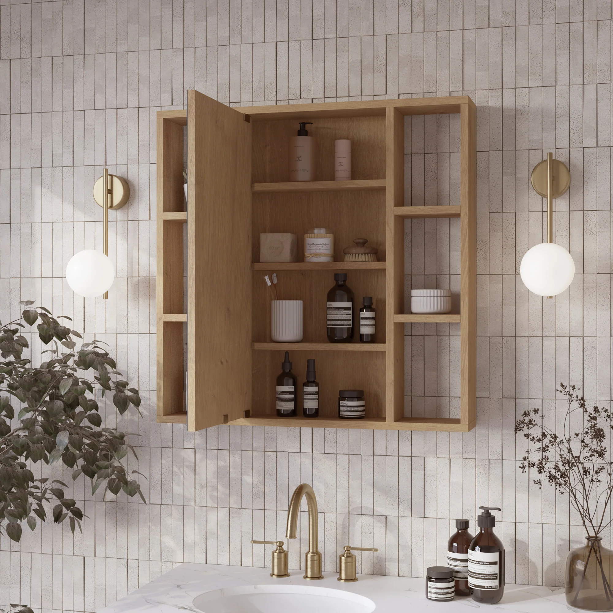 Midland 30"W x 30"H Surface Mount Medicine Cabinet with Side Shelves in Walnut or Oak - Image 4