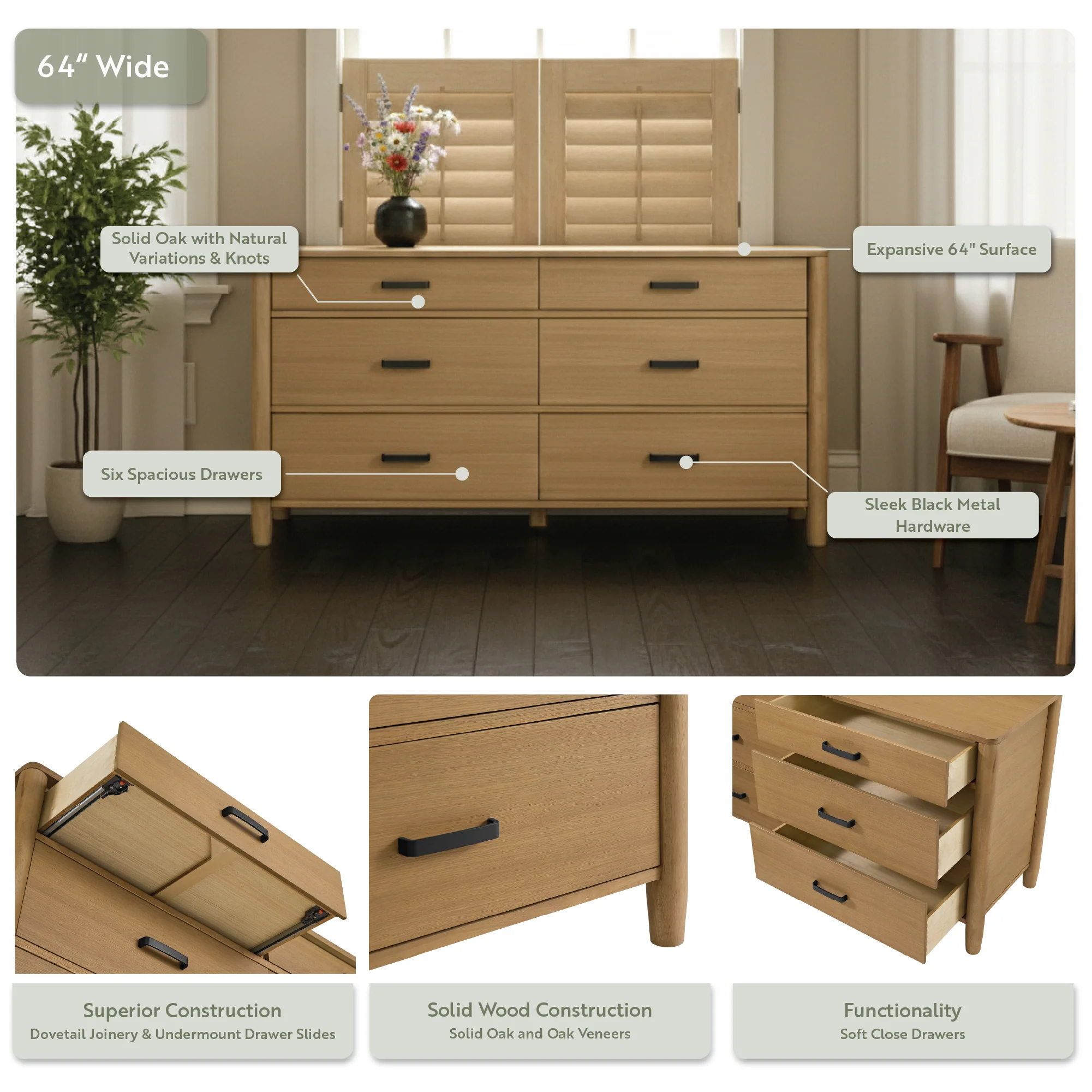 Ogden 64" Dresser in Natural Oak - Image 6