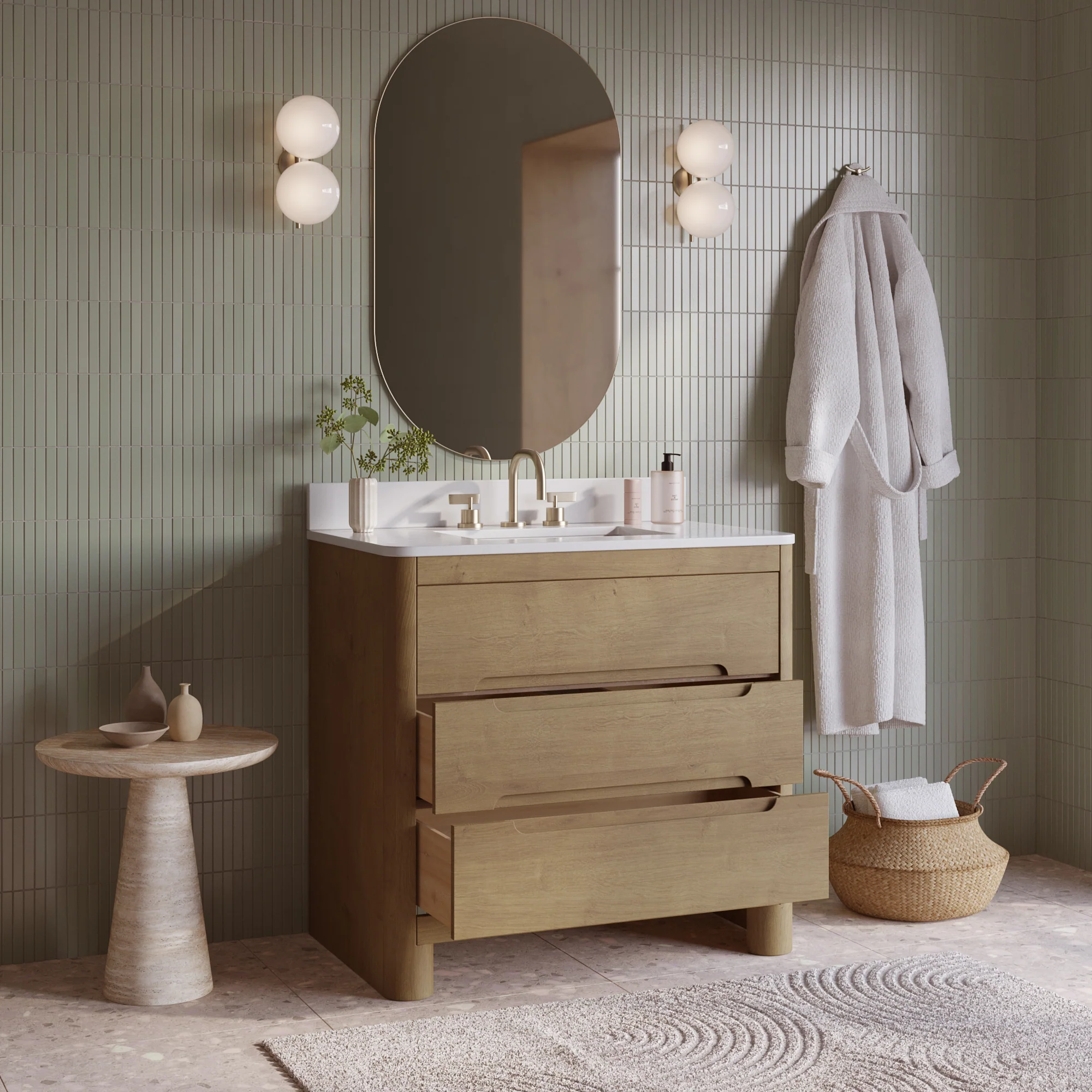 Oslo 36" Single Bathroom Vanity in Varnished Oak | White Quartz Countertop - Image 3