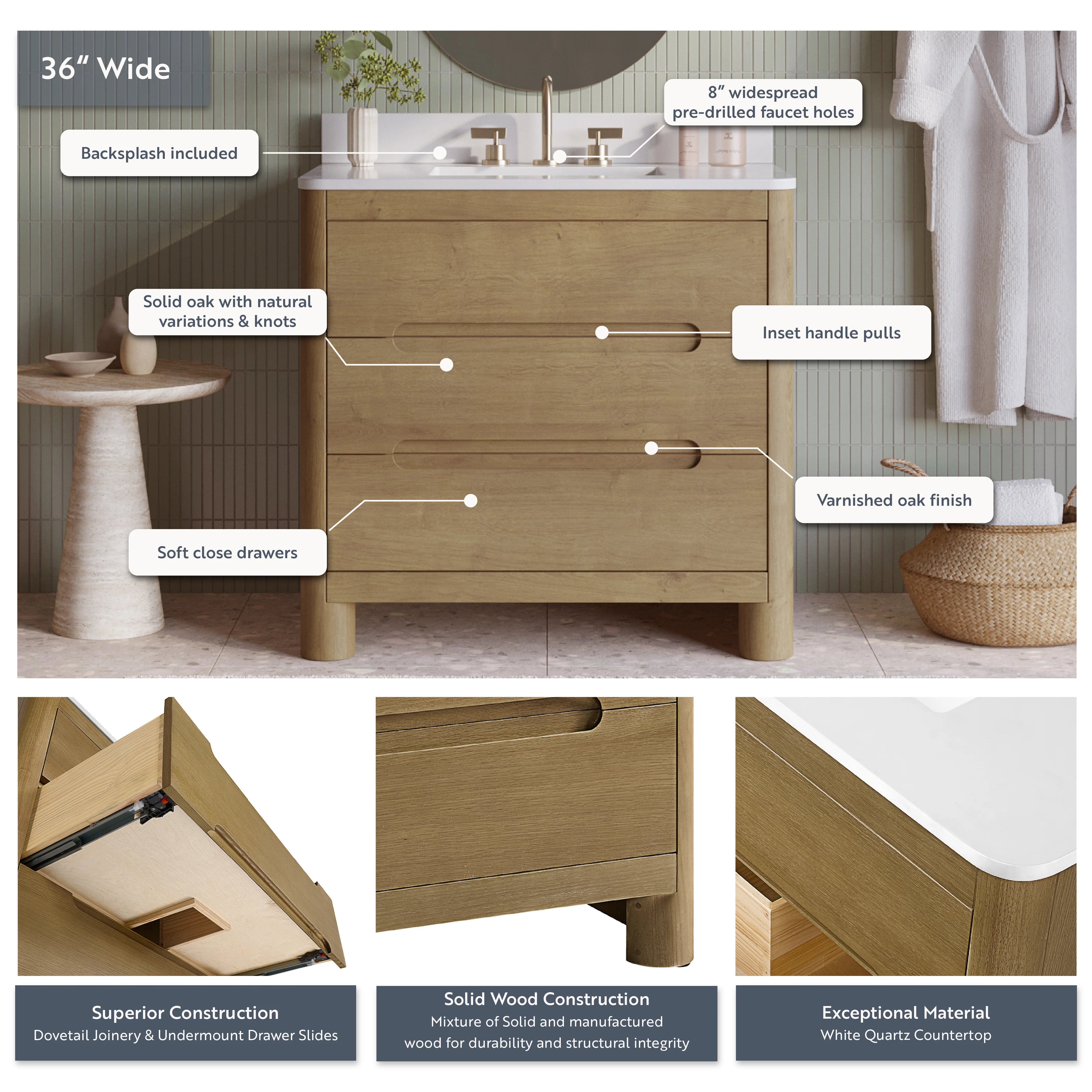 Oslo 36" Single Bathroom Vanity in Varnished Oak | White Quartz Countertop - Image 4