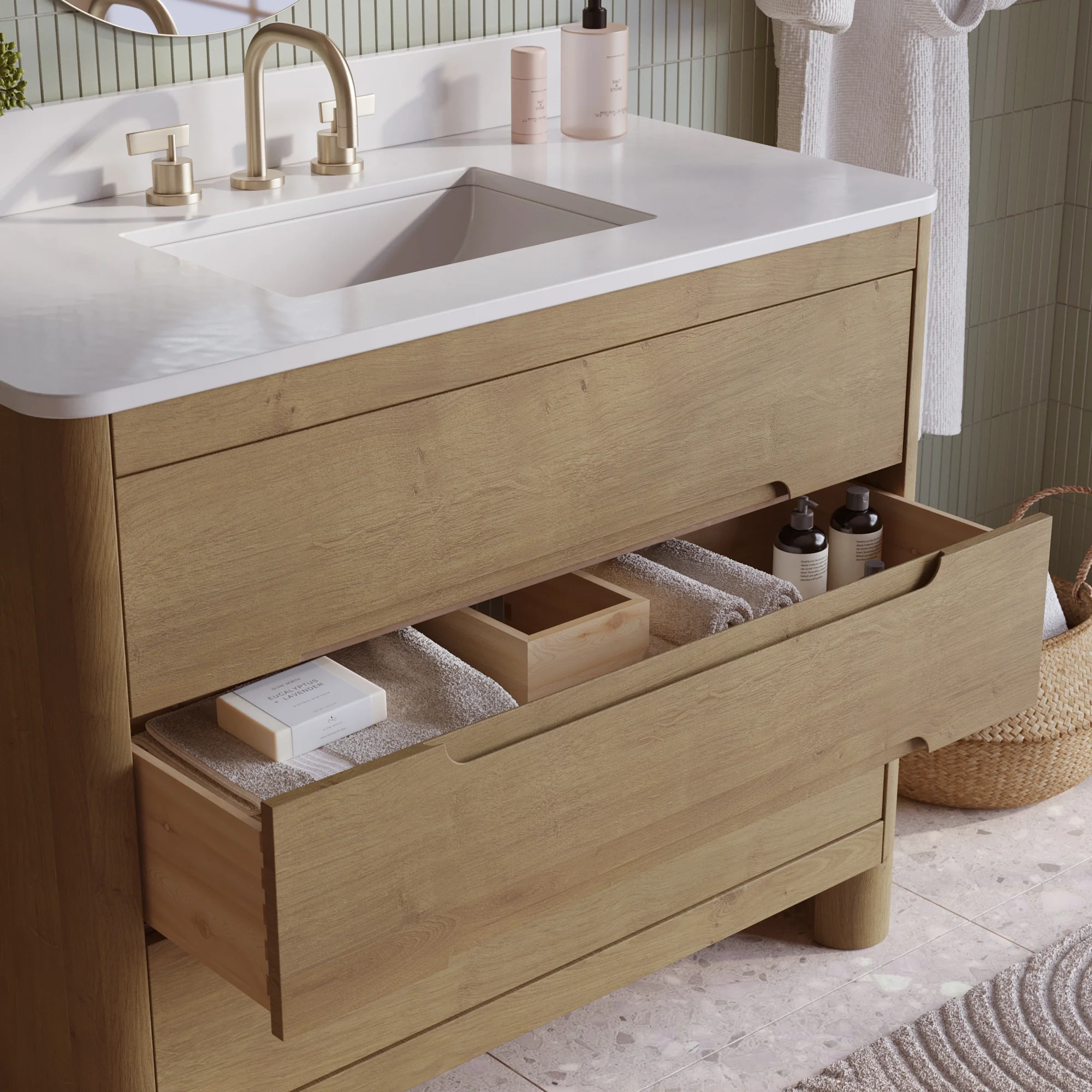 Oslo 42" Single Bathroom Vanity in Varnished Oak | White Quartz Countertop - Image 10